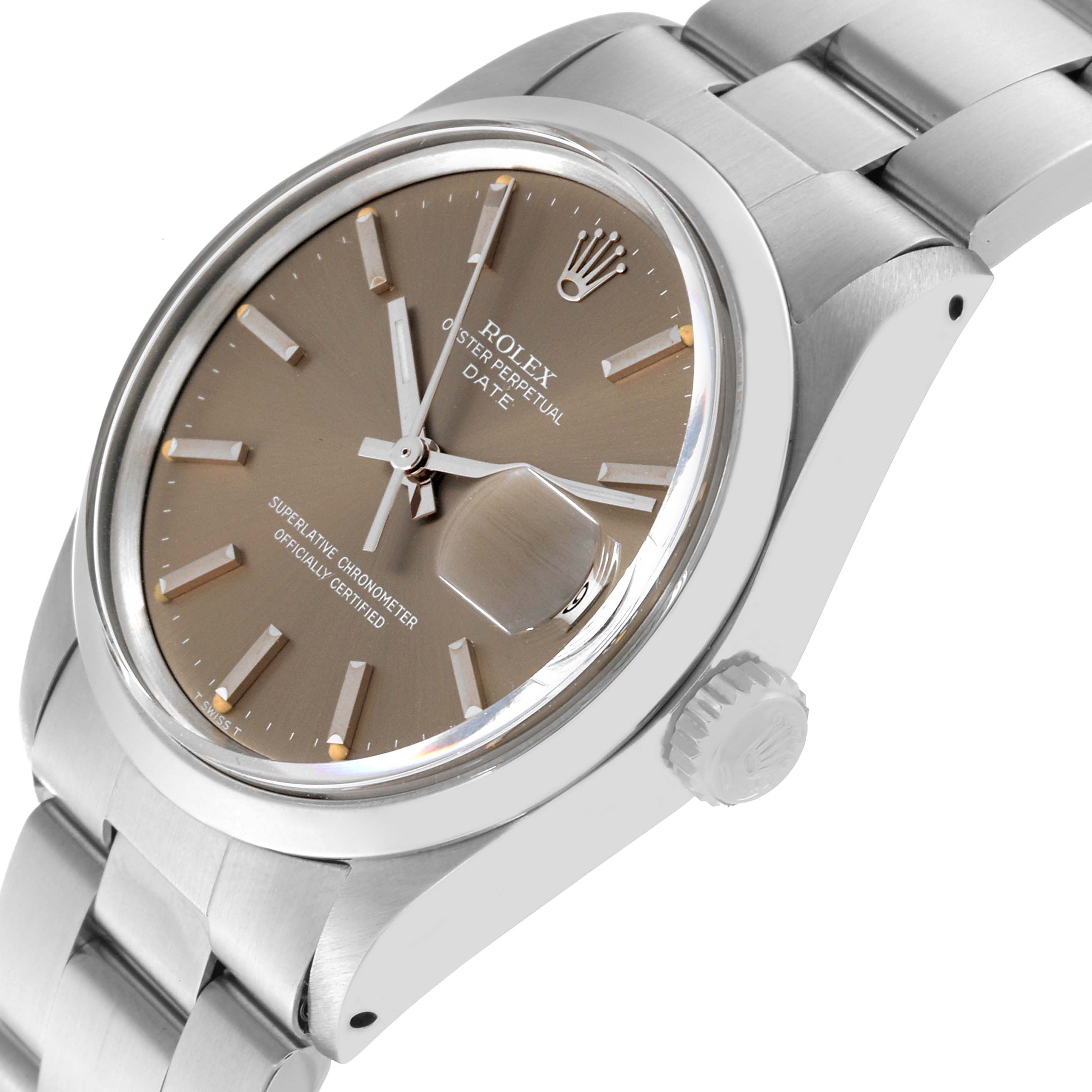 The image shows a side angle of the Rolex Vintage Collection 1500 Men's Stainless Steel Brown Dial 1500 Men's Stainless Steel Brown Dial model, highlighting the watch face, crown, and metal bracelet.