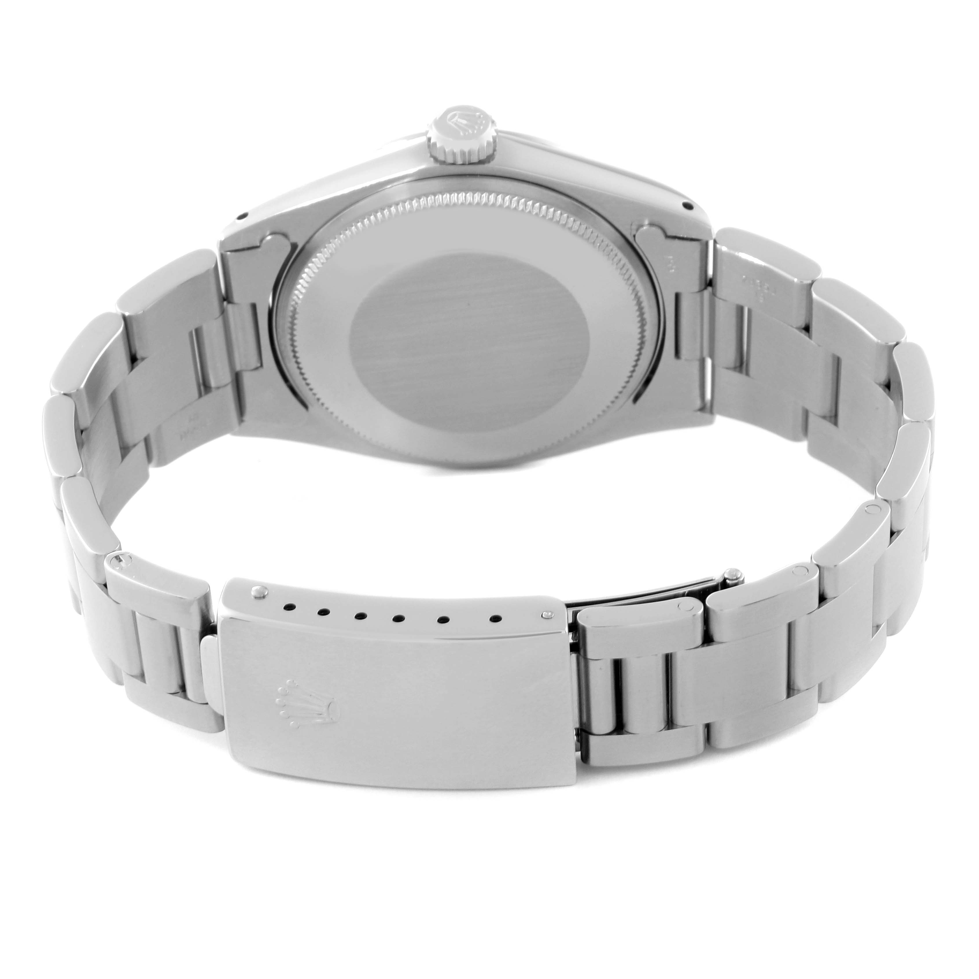 The image shows the back view of a Rolex Vintage Collection 1500 Men's Stainless Steel Brown Dial 1500 Men's Stainless Steel Brown Dial watch, displaying the case back, crown, and metal bracelet clasp.