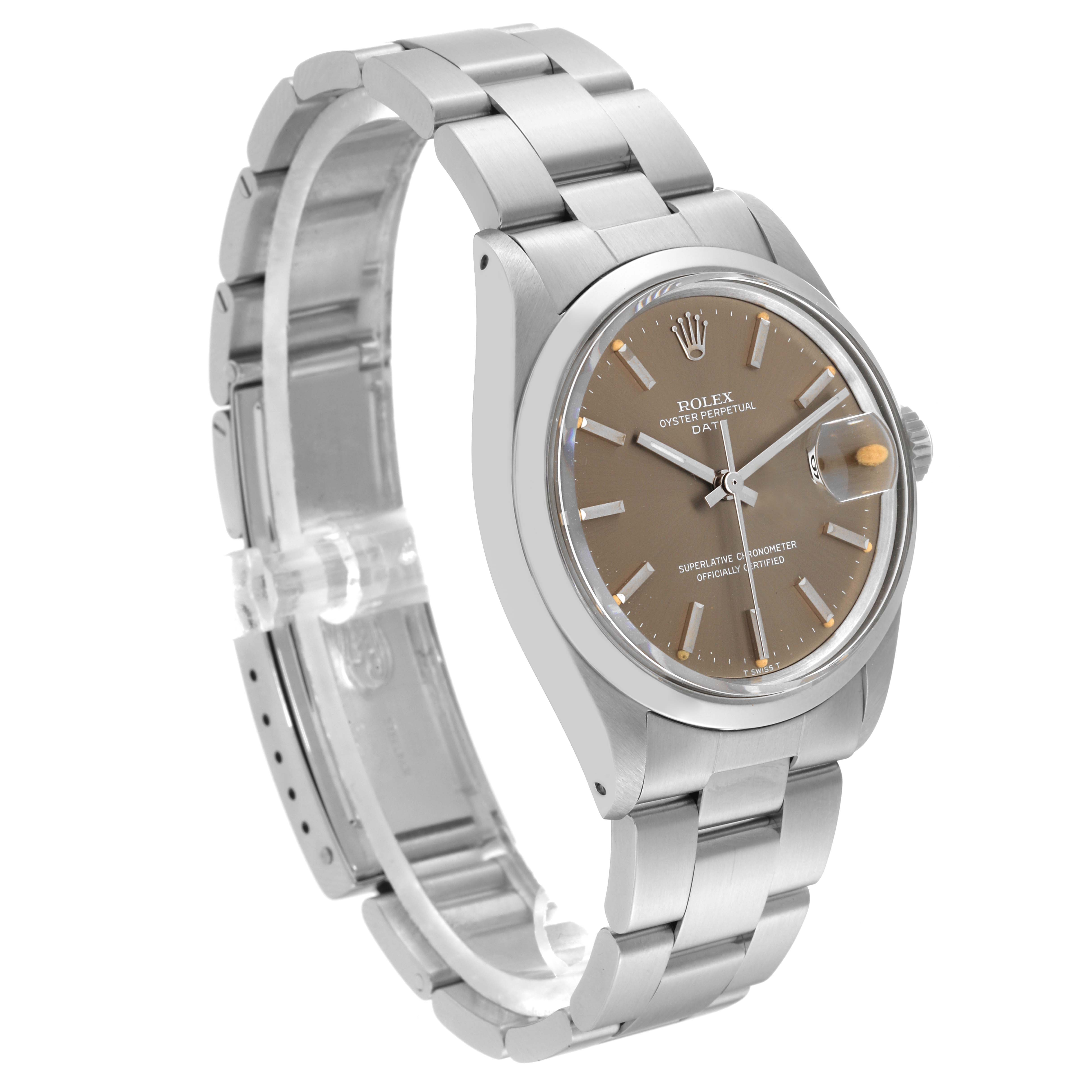 The image shows a Rolex Vintage Collection 1500 Men's Stainless Steel Brown Dial 1500 Men's Stainless Steel Brown Dial watch at a three-quarter angle, displaying the face, bezel, crown, and bracelet.