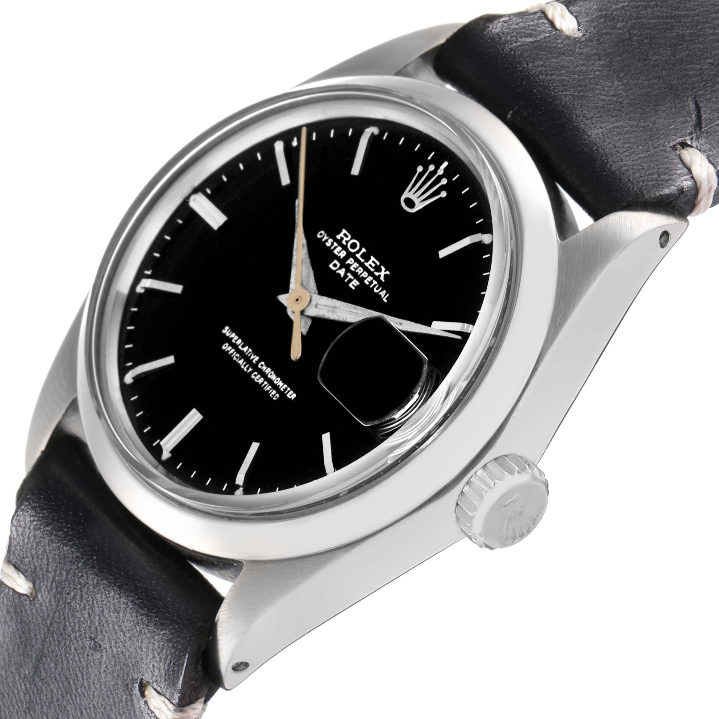 The Rolex Date 1500 Men
s Stainless Steel Black Dial watch is shown at a slight angle displaying the dial, bezel, crown, and part of the leather strap.