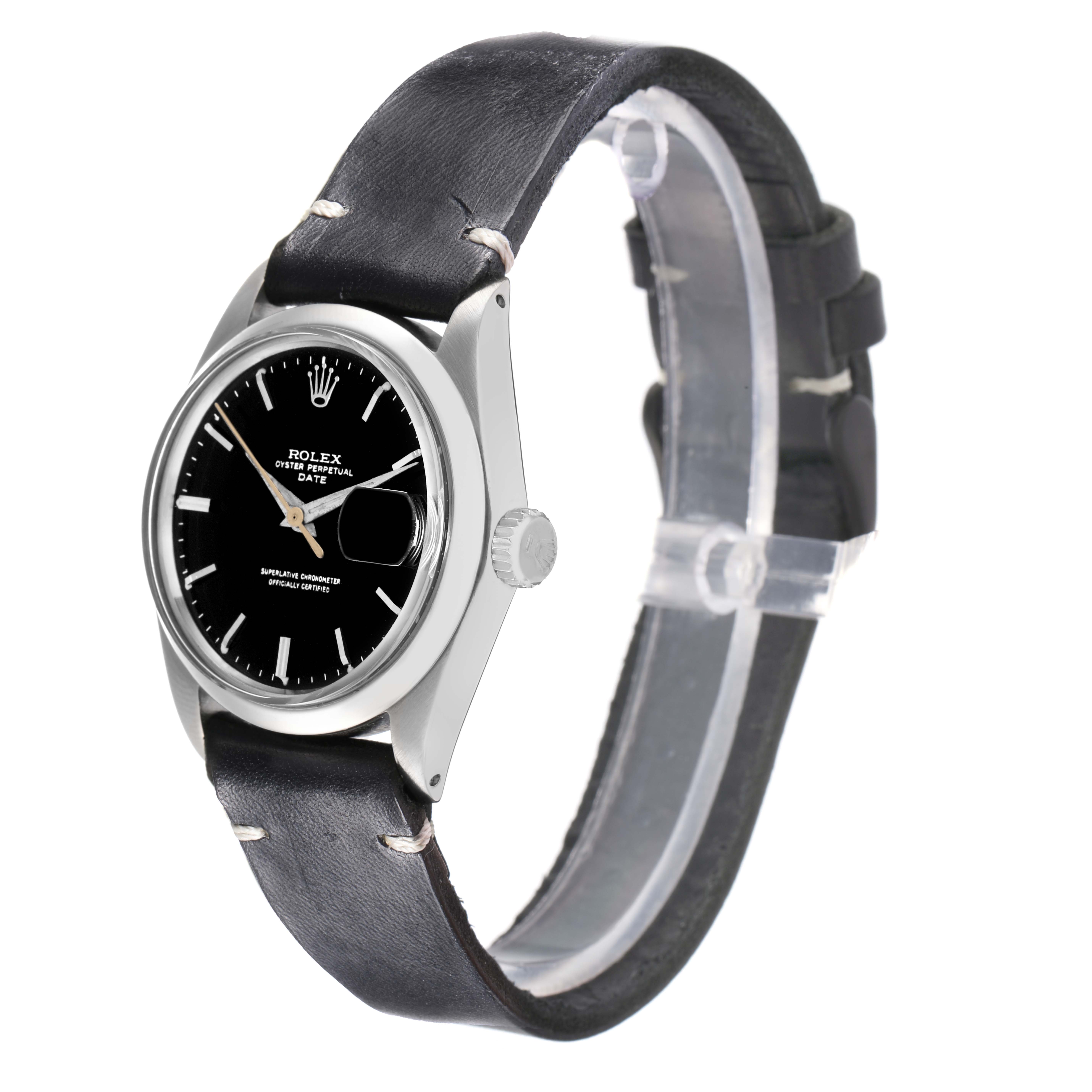 The Rolex Date 1500 Men
s Stainless Steel Black Dial watch is shown at a three-quarter angle, displaying the dial, bezel, crown, and leather strap.