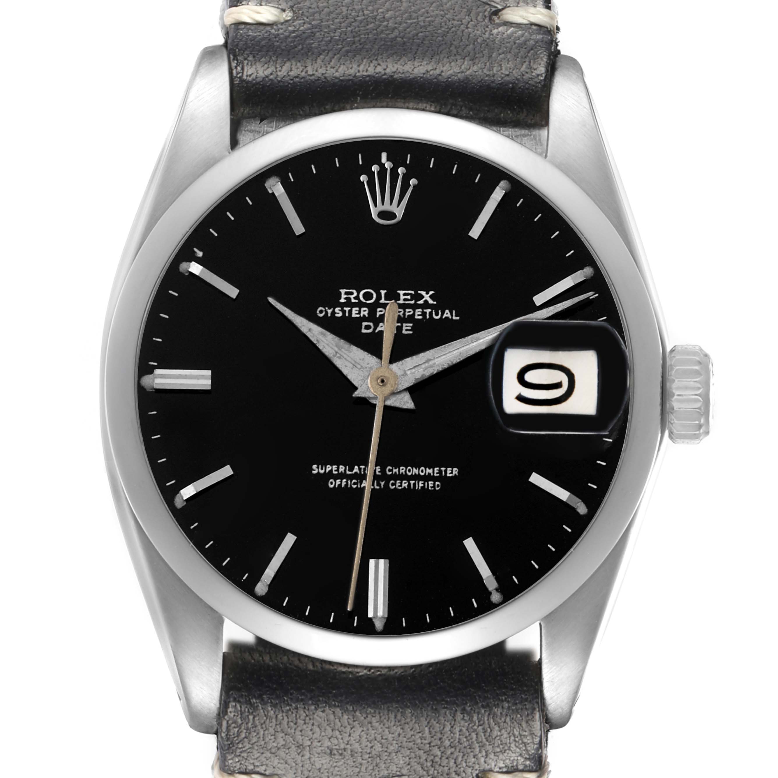 The Rolex Date 1500 Men
s Stainless Steel Black Dial model watch is shown from a front angle, displaying the dial, hands, date window, and part of the leather strap.