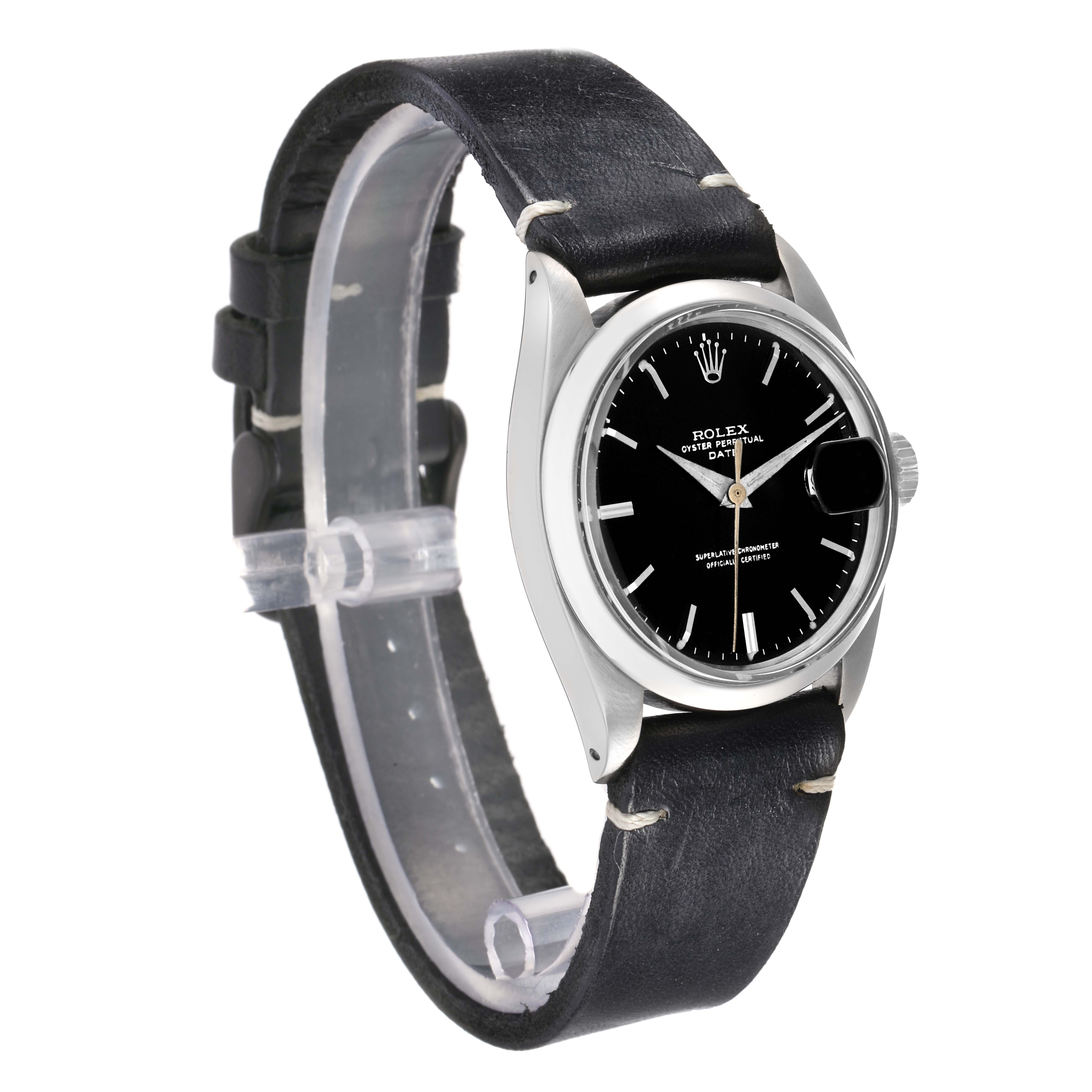 The Rolex Date 1500 Men
s Stainless Steel Black Dial watch is shown at a 3/4 angle, displaying the face, case, bezel, and leather strap.