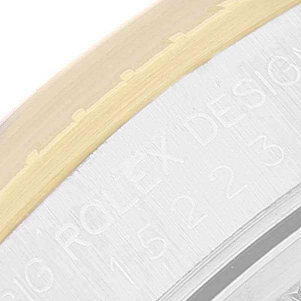 This close-up image of a Rolex Date 15223 Men
s Steel and Gold (two tone) Champagne Dial 15223 Men
s Steel and Gold (two tone) Champagne Dial model watch shows the case back, including the engraved model number.