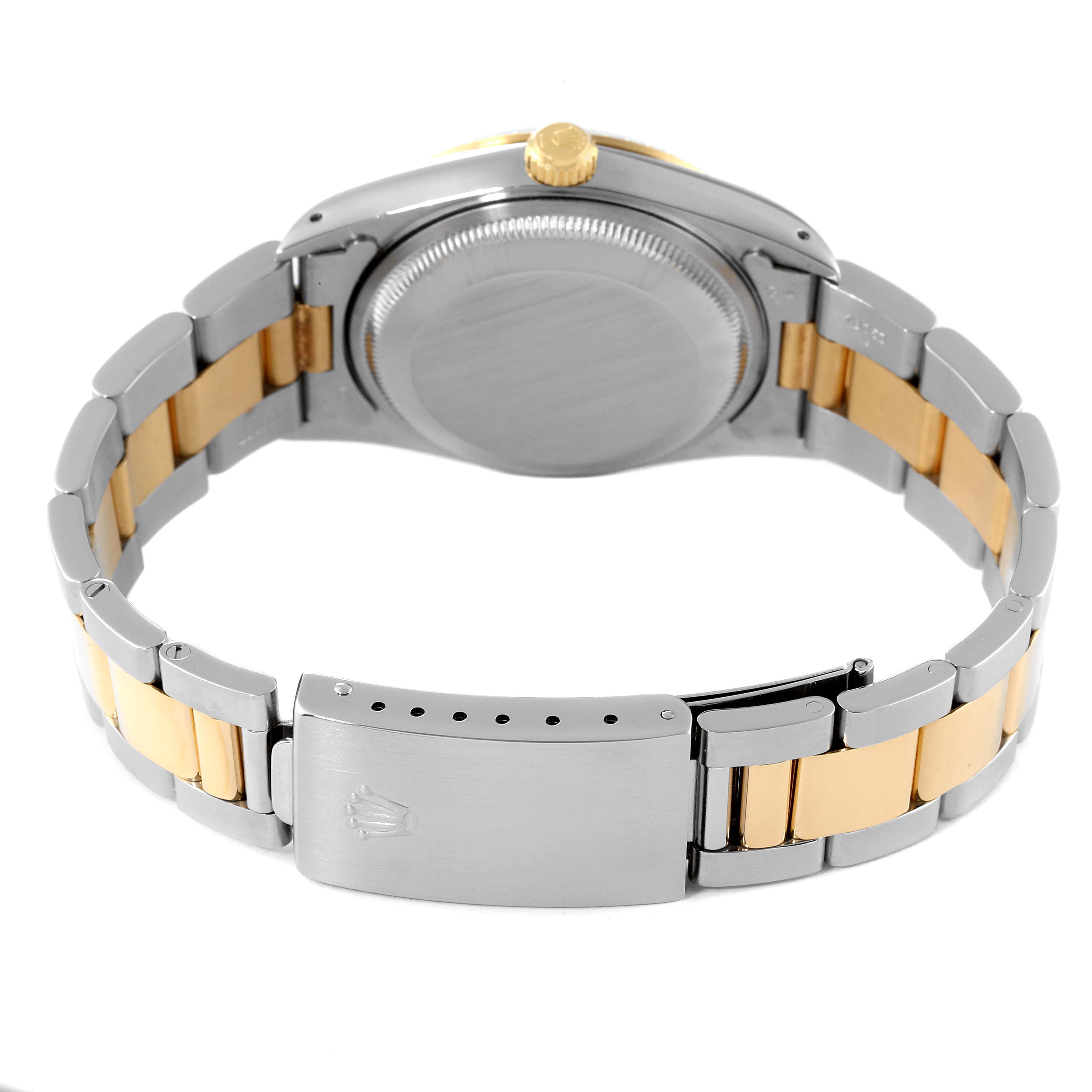 The image shows the back view of a Rolex Date 15223 Men
s Steel and Gold (two tone) Champagne Dial 15223 Men
s Steel and Gold (two tone) Champagne Dial model watch, highlighting the case back, crown, and two-tone bracelet with clasp.