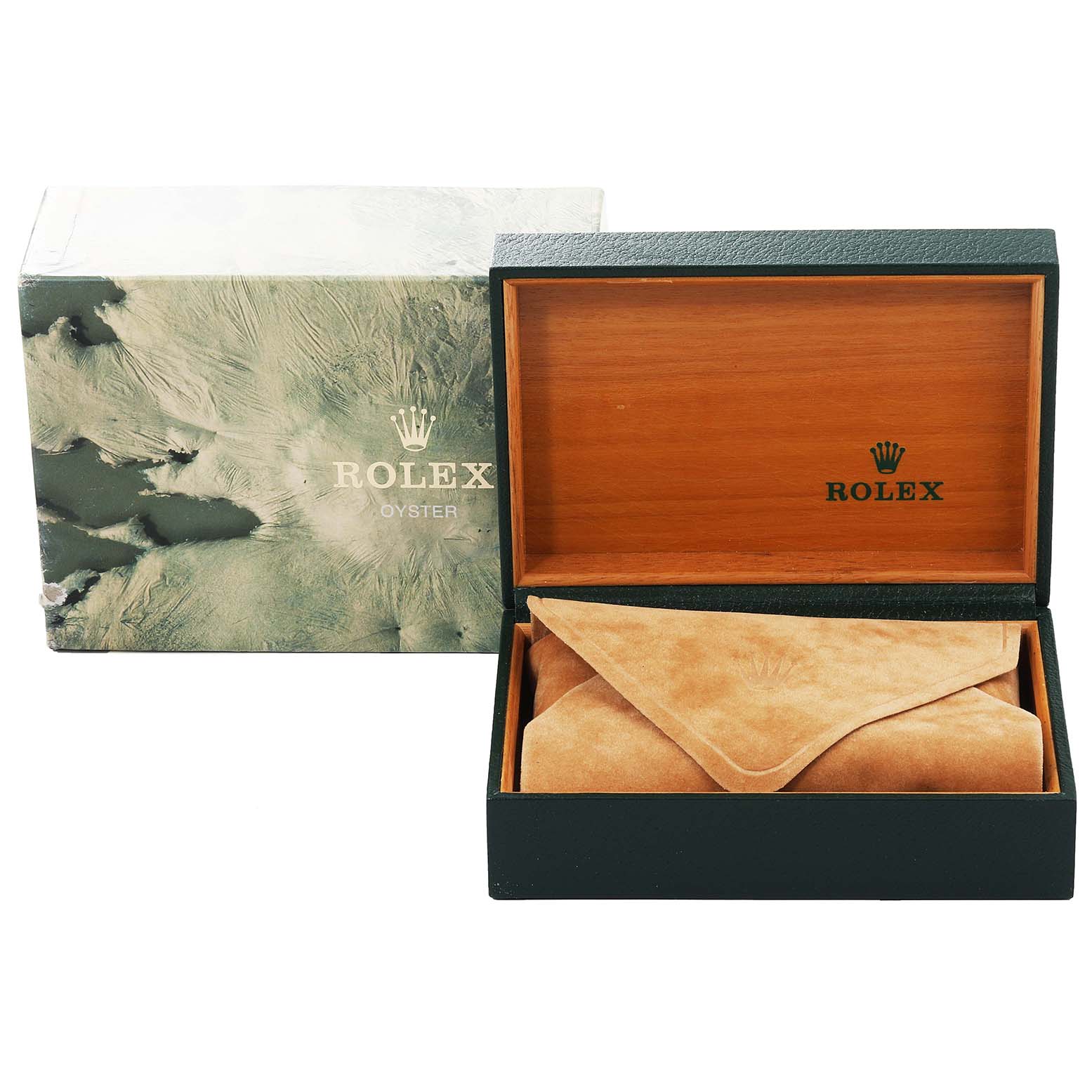 The image shows the box and inner case of a Rolex Date 15223 Men
s Steel and Gold (two tone) Champagne Dial 15223 Men
s Steel and Gold (two tone) Champagne Dial model watch, with the box open to reveal the watch pouch inside.