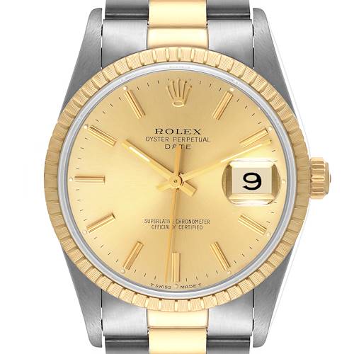 Photo of Rolex Date Steel Yellow Gold Baton Dial Oyster Bracelet Mens Watch 15223