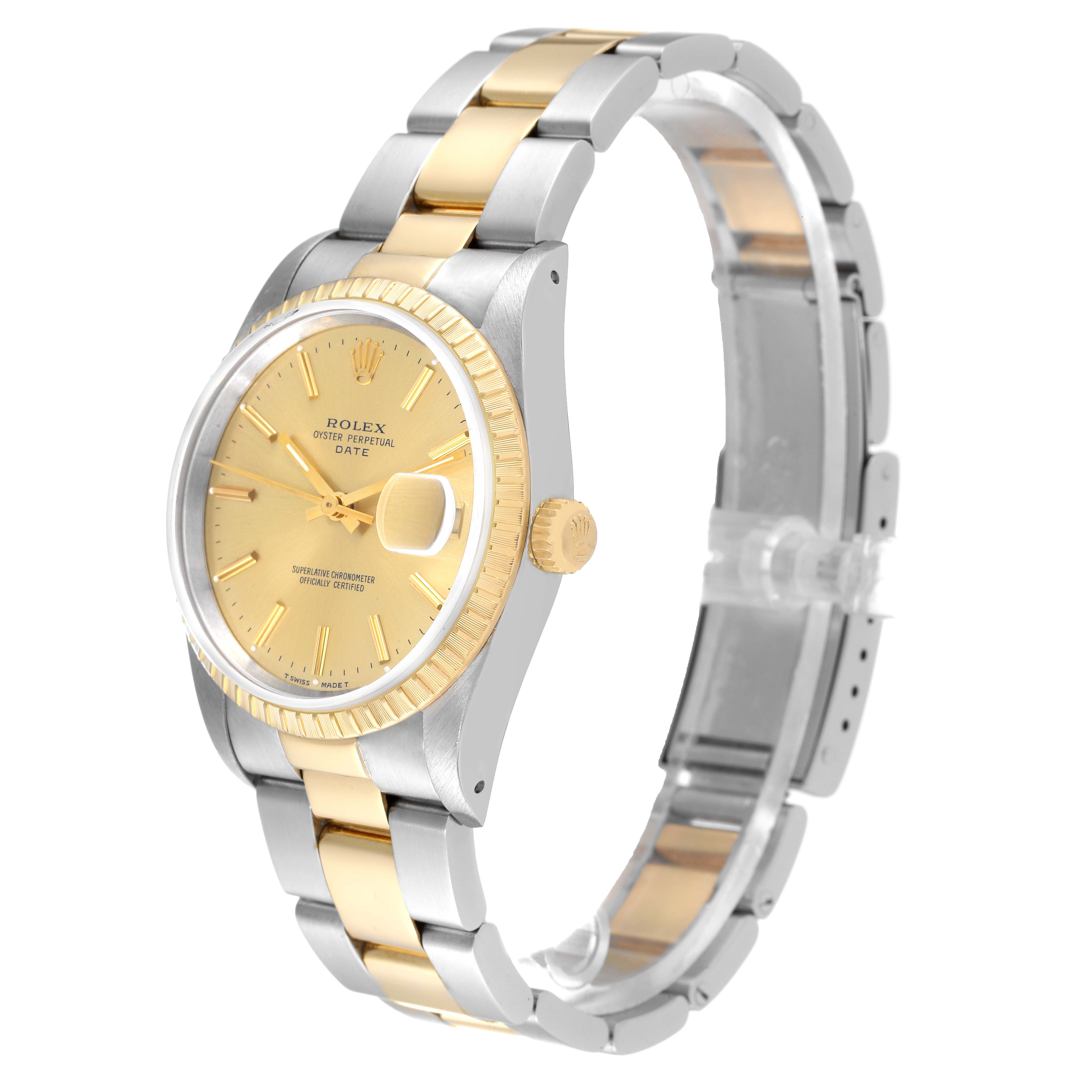 The image shows a side angle of a Rolex Date 15223 Men
s Steel and Gold (two tone) Champagne Dial 15223 Men
s Steel and Gold (two tone) Champagne Dial model watch, highlighting its face, bracelet, and crown.