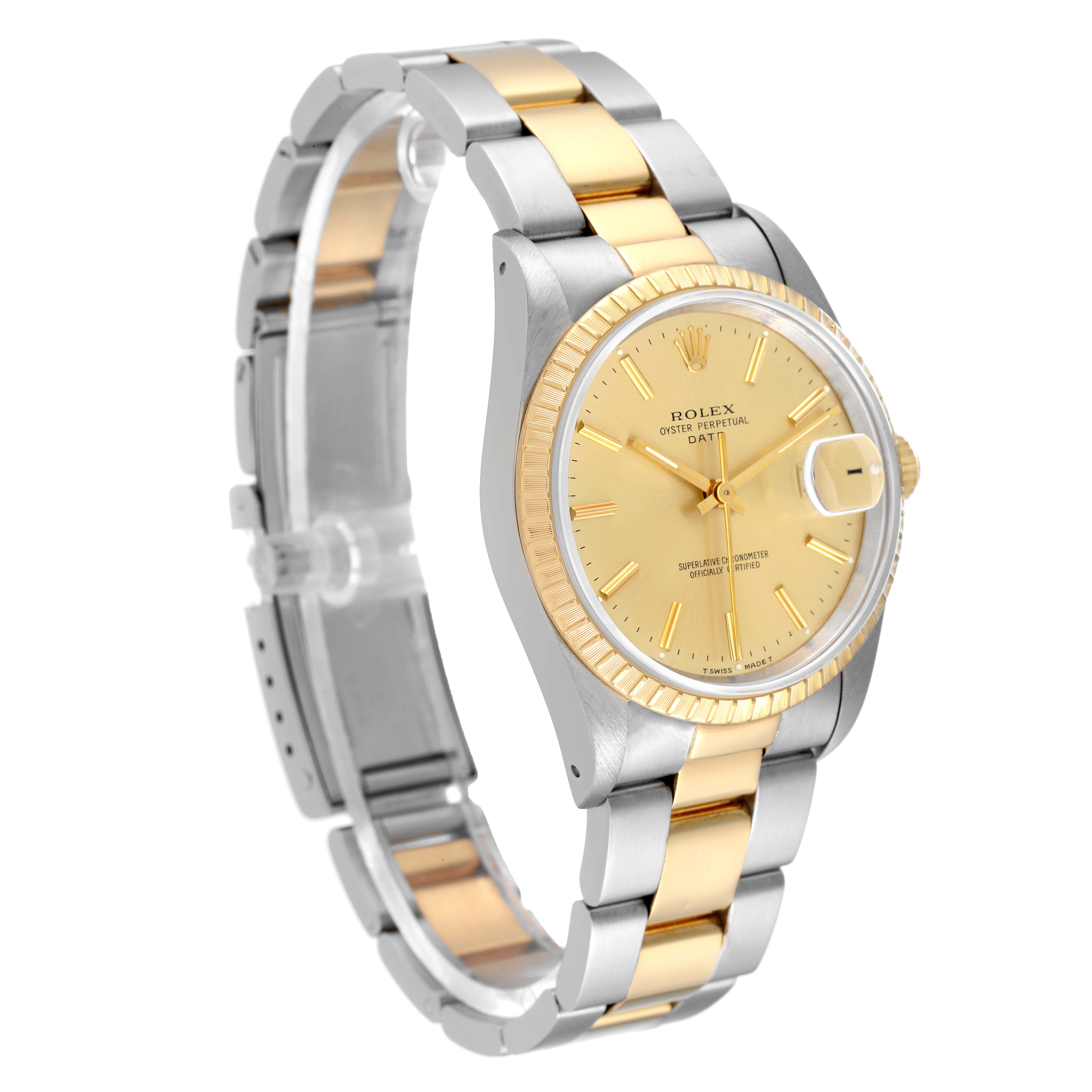 This image shows a side angle of a Rolex Date 15223 Men
s Steel and Gold (two tone) Champagne Dial 15223 Men
s Steel and Gold (two tone) Champagne Dial model watch highlighting its two-tone bracelet and gold dial.