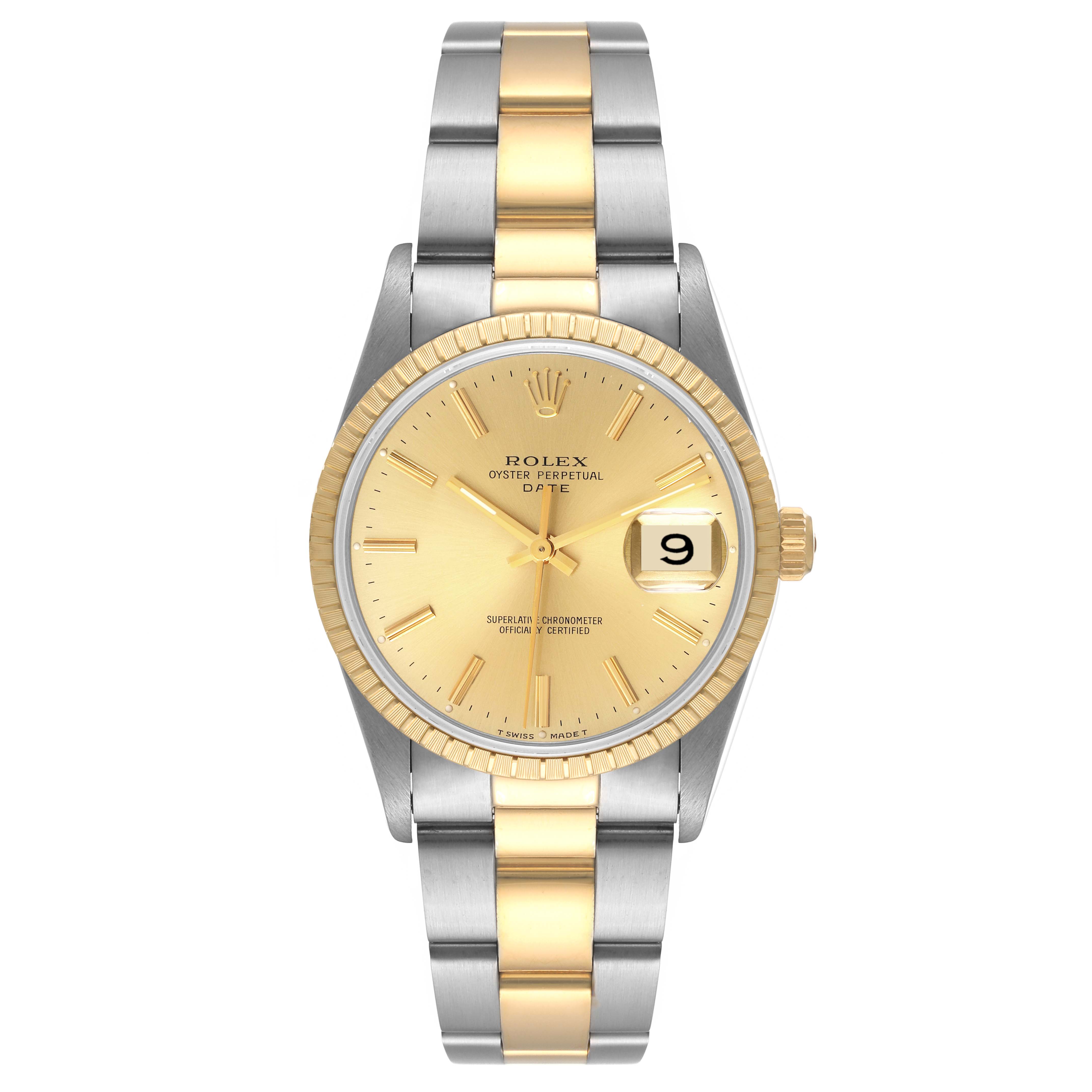 This image shows a front view of a Rolex Date 15223 Men
s Steel and Gold (two tone) Champagne Dial 15223 Men
s Steel and Gold (two tone) Champagne Dial model watch, highlighting its gold and silver two-tone bracelet, gold dial, and date window.