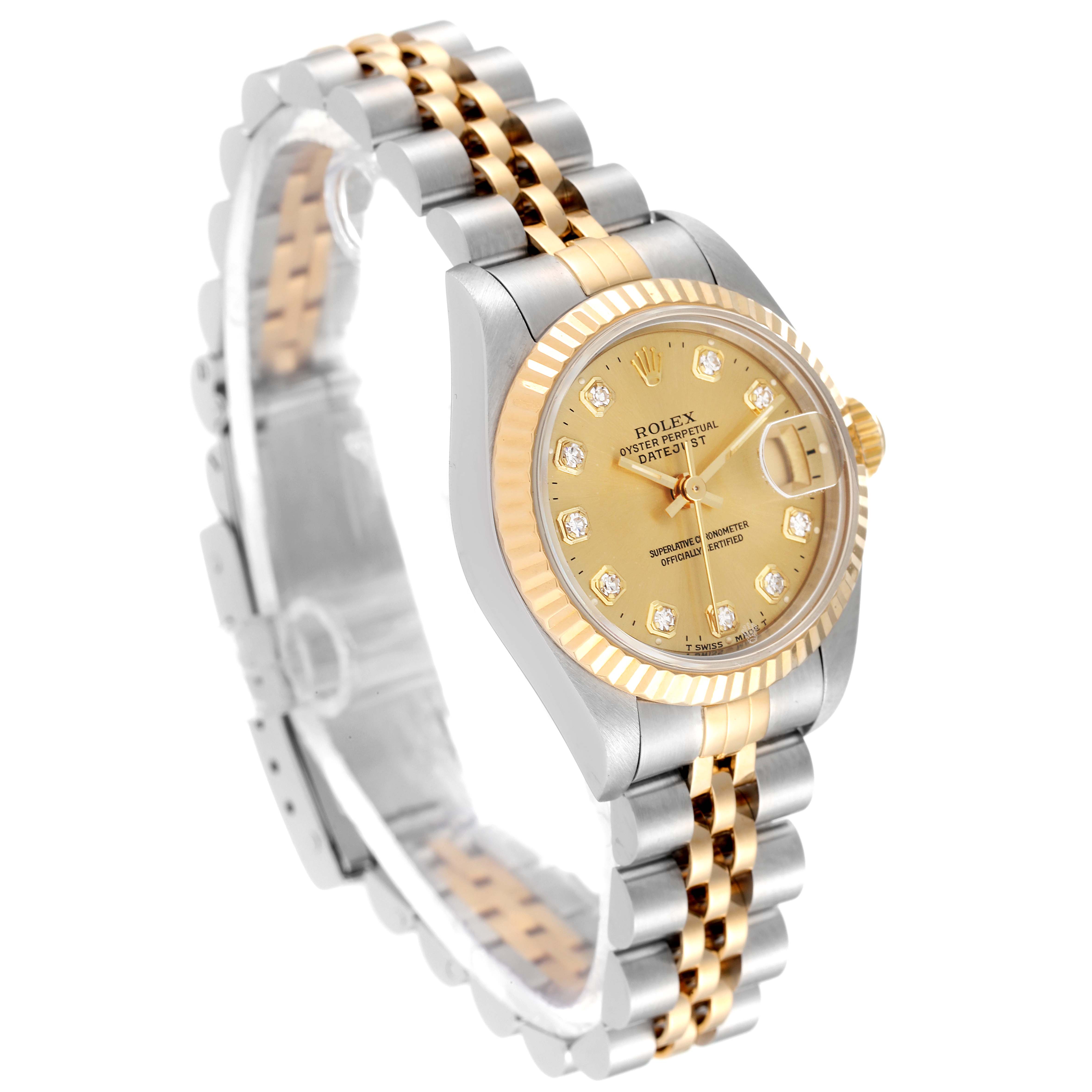 The Rolex Datejust 69173 Women's Steel and Gold (two tone) Champagne Dial 69173 Women's Steel and Gold (two tone) Champagne Dial watch is shown at a slight angle, featuring a gold and silver bracelet, diamond hour markers, and a fluted bezel.