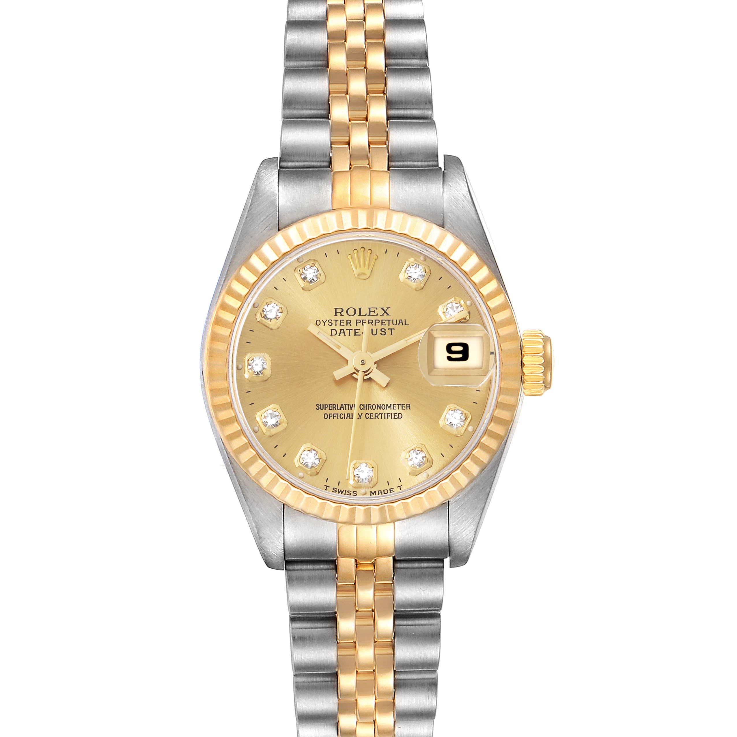 This image shows a Rolex Datejust 69173 Women's Steel and Gold (two tone) Champagne Dial 69173 Women's Steel and Gold (two tone) Champagne Dial watch from a top-down angle, featuring a two-tone bracelet and a gold dial with diamond hour markers.