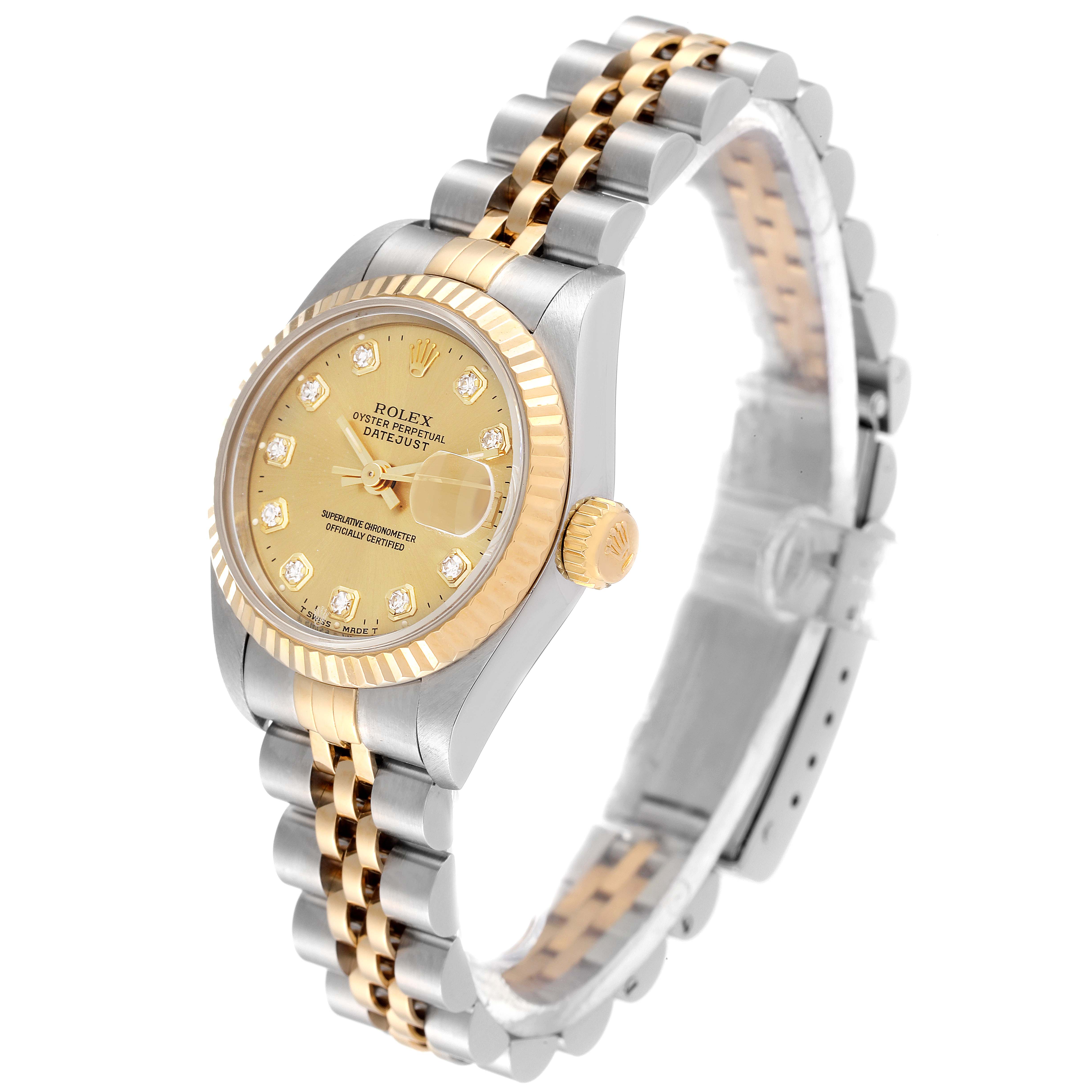 The Rolex Datejust 69173 Women's Steel and Gold (two tone) Champagne Dial 69173 Women's Steel and Gold (two tone) Champagne Dial watch is shown at a three-quarter angle, highlighting its bezel, dial, and bicolor bracelet.