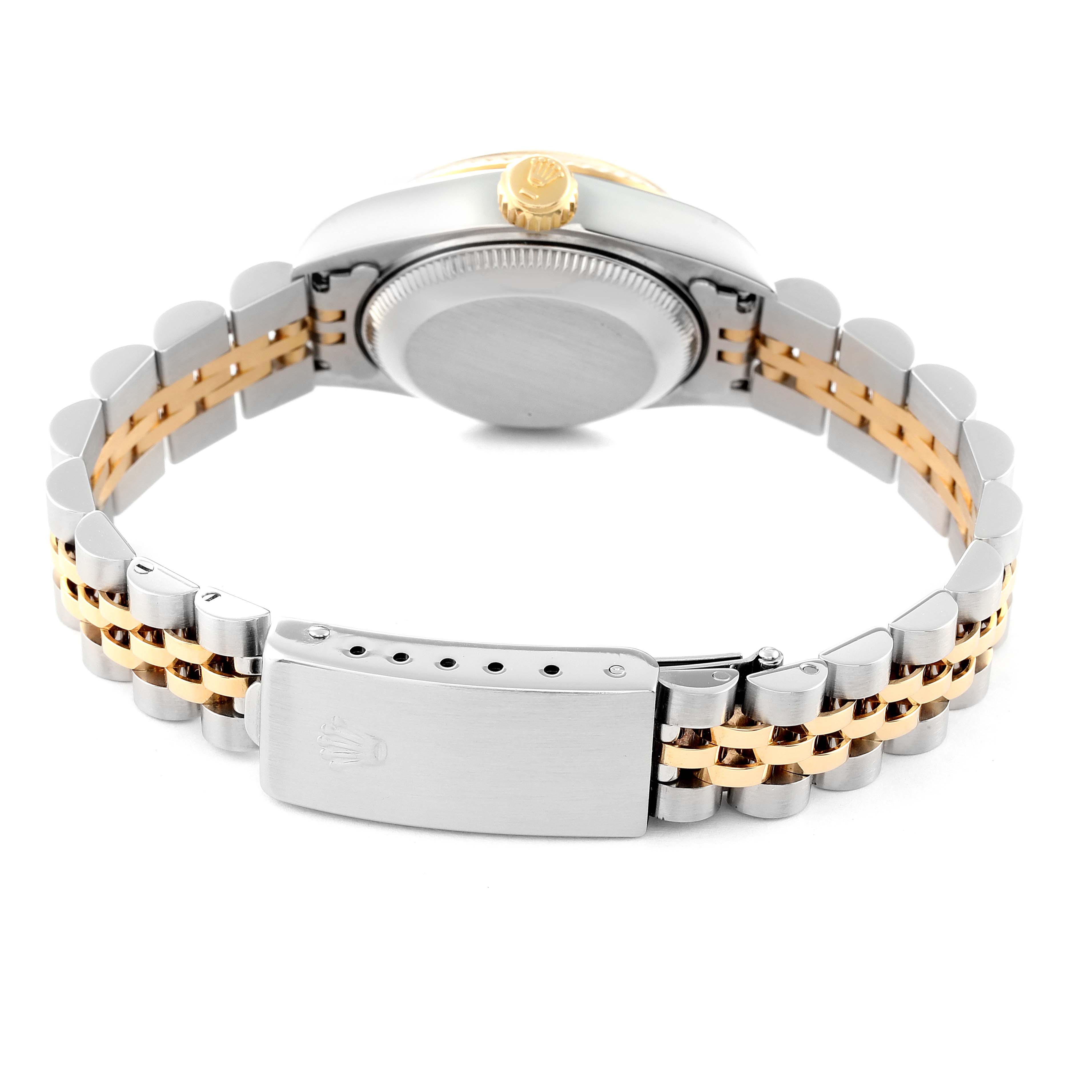 The image shows the back of a Rolex Datejust 69173 Women's Steel and Gold (two tone) Champagne Dial 69173 Women's Steel and Gold (two tone) Champagne Dial watch, highlighting its two-tone bracelet and closed clasp.