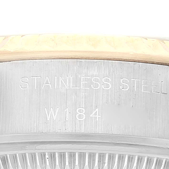 This image shows a close-up of the stainless steel case back of a Rolex Datejust 69173 Women's Steel and Gold (two tone) Champagne Dial 69173 Women's Steel and Gold (two tone) Champagne Dial watch.