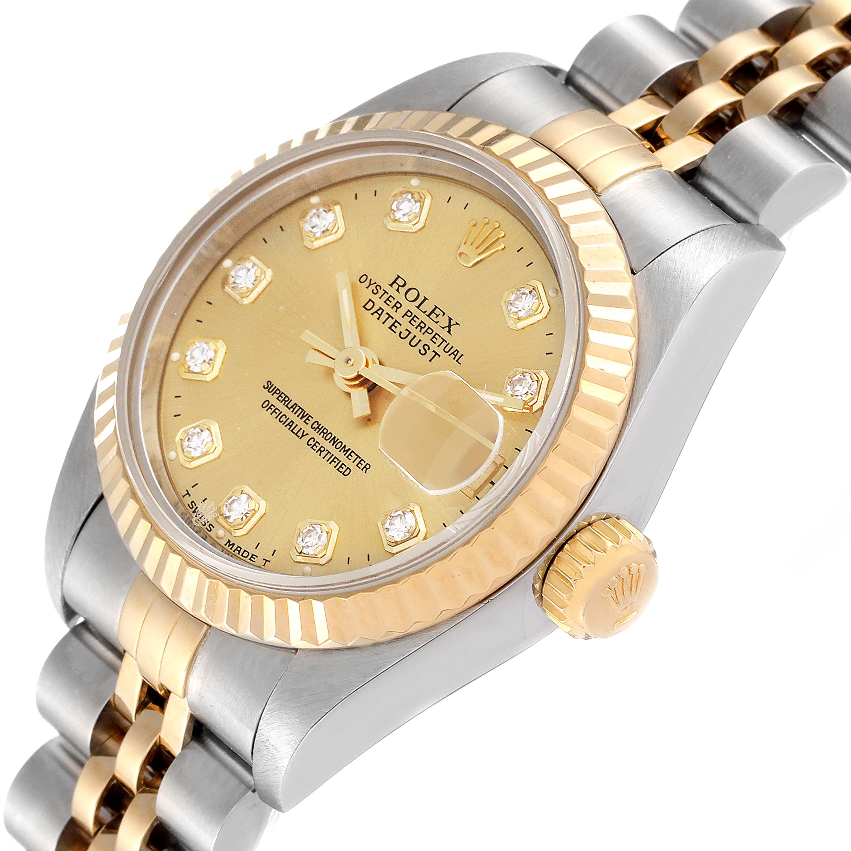 This image shows the Rolex Datejust 69173 Women's Steel and Gold (two tone) Champagne Dial 69173 Women's Steel and Gold (two tone) Champagne Dial watch at a slight angle, highlighting the dial, bezel, and part of the bracelet.