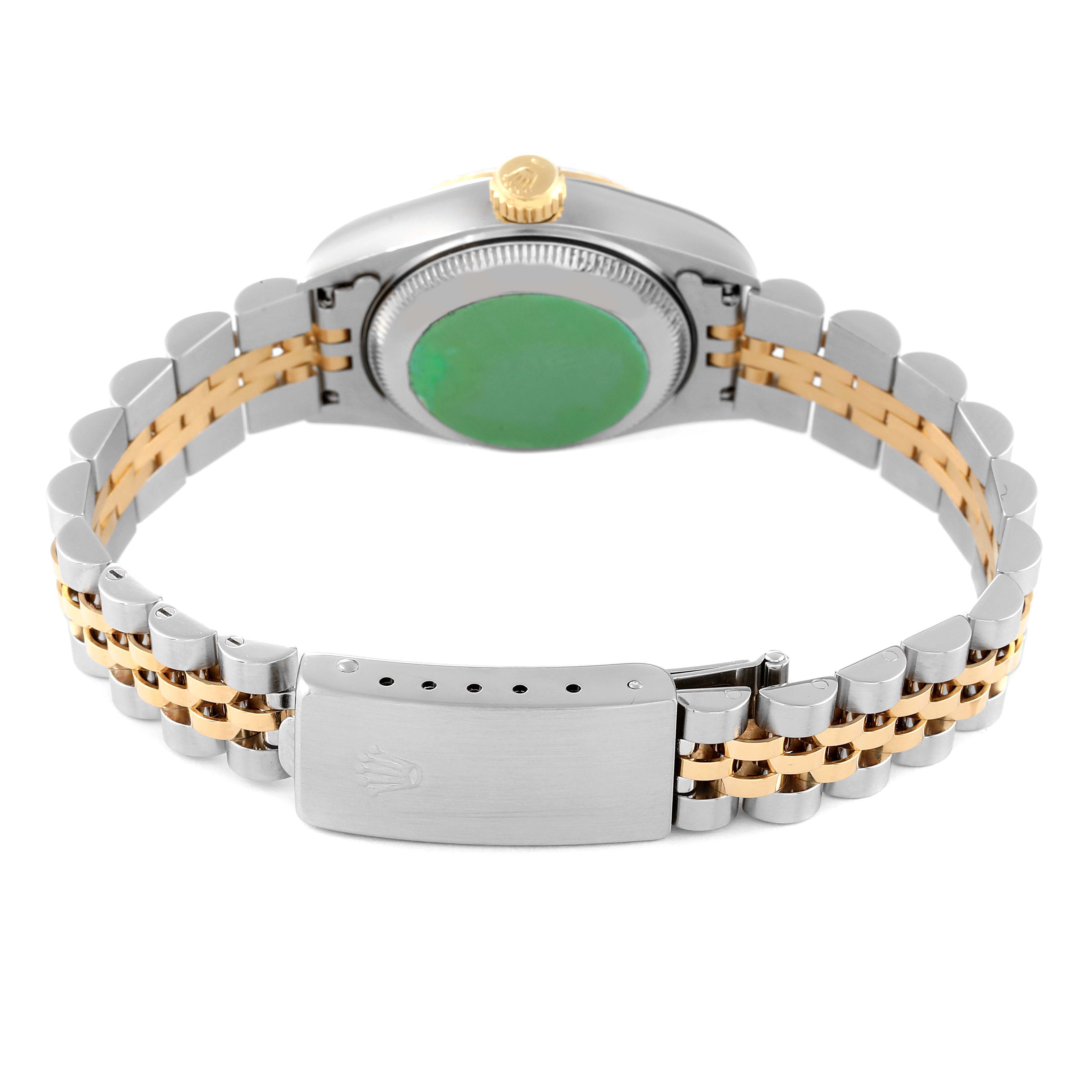 This image shows the back view of a Rolex Datejust 69173 Women's Steel and Gold (two tone) Champagne Dial 69173 Women's Steel and Gold (two tone) Champagne Dial watch, highlighting the clasp and the bracelet.