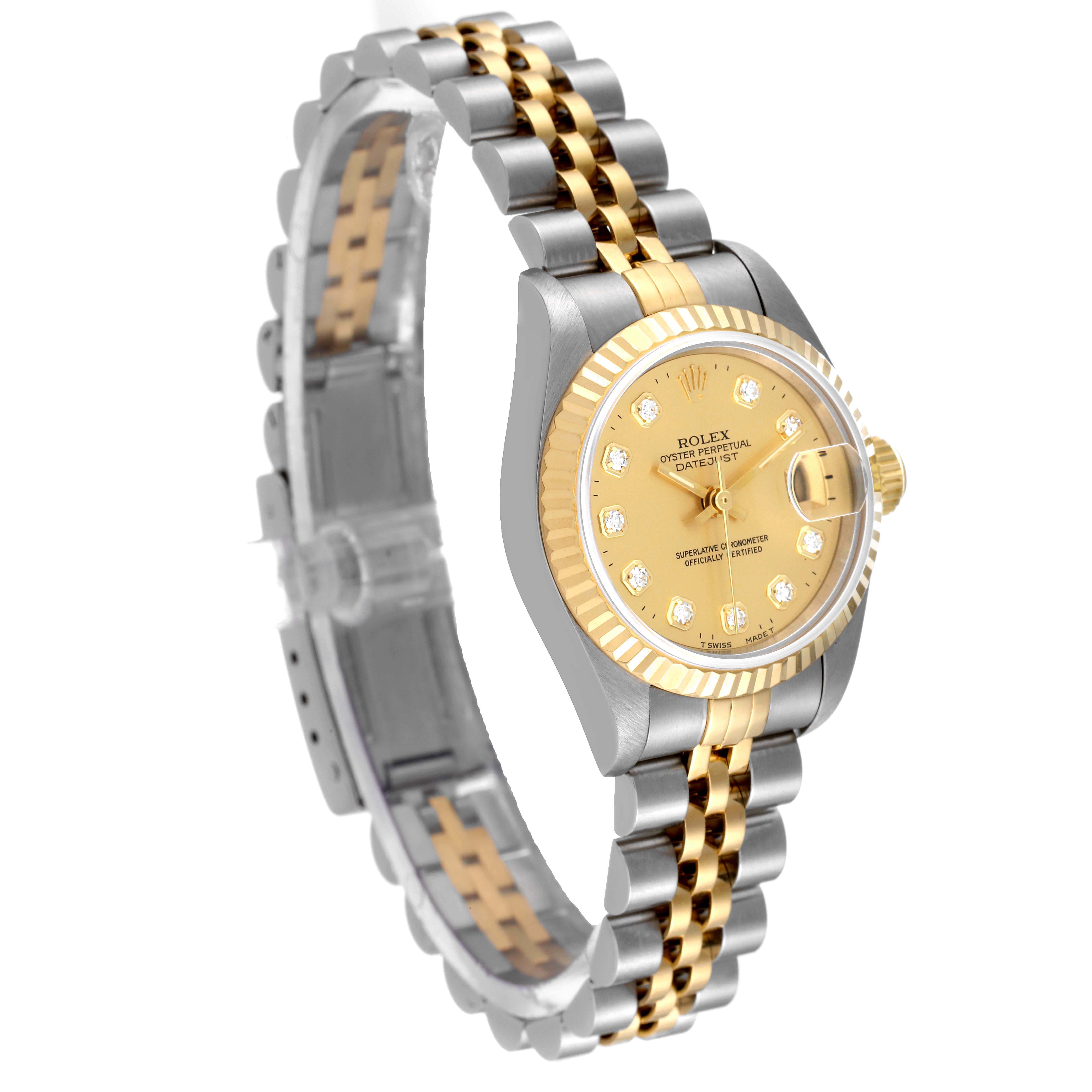 This Rolex Datejust 69173 Women's Steel and Gold (two tone) Champagne Dial 69173 Women's Steel and Gold (two tone) Champagne Dial watch is shown at a three-quarter angle, highlighting its gold dial, bezel, and two-tone bracelet.