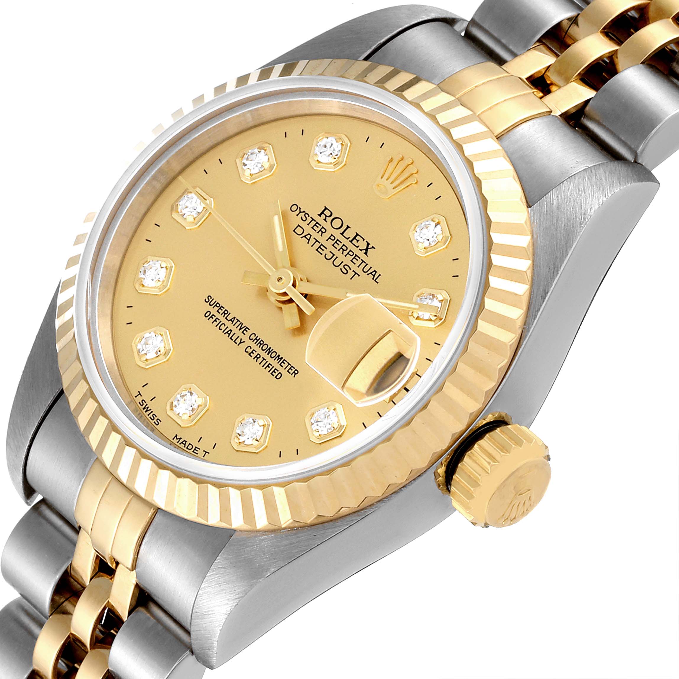 The image shows a Rolex Datejust 69173 Women's Steel and Gold (two tone) Champagne Dial 69173 Women's Steel and Gold (two tone) Champagne Dial watch at an angle highlighting the face, bezel, crown, and part of the bracelet.