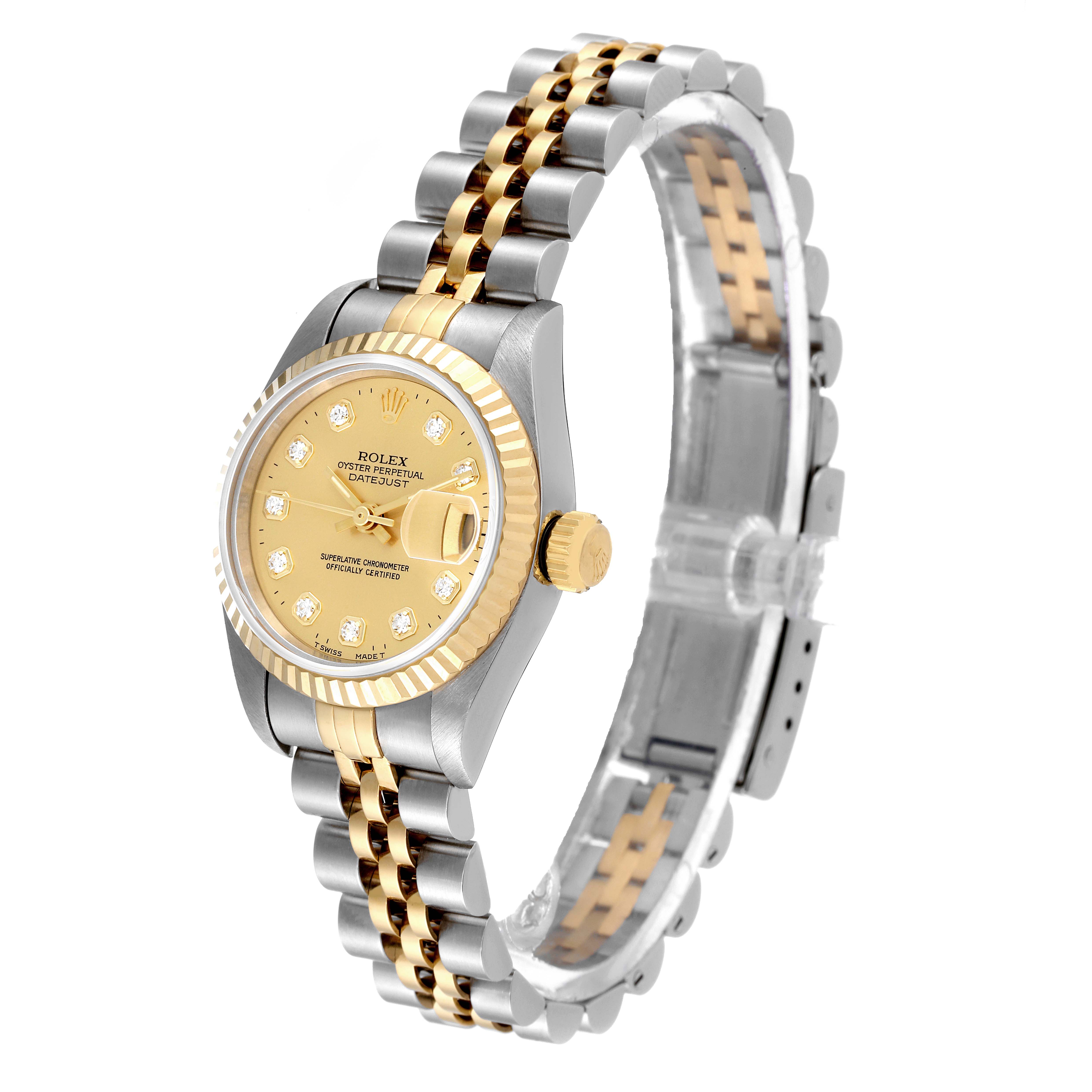 This Rolex Datejust 69173 Women's Steel and Gold (two tone) Champagne Dial 69173 Women's Steel and Gold (two tone) Champagne Dial watch is shown at an angle displaying the dial, crown, and two-tone bracelet.
