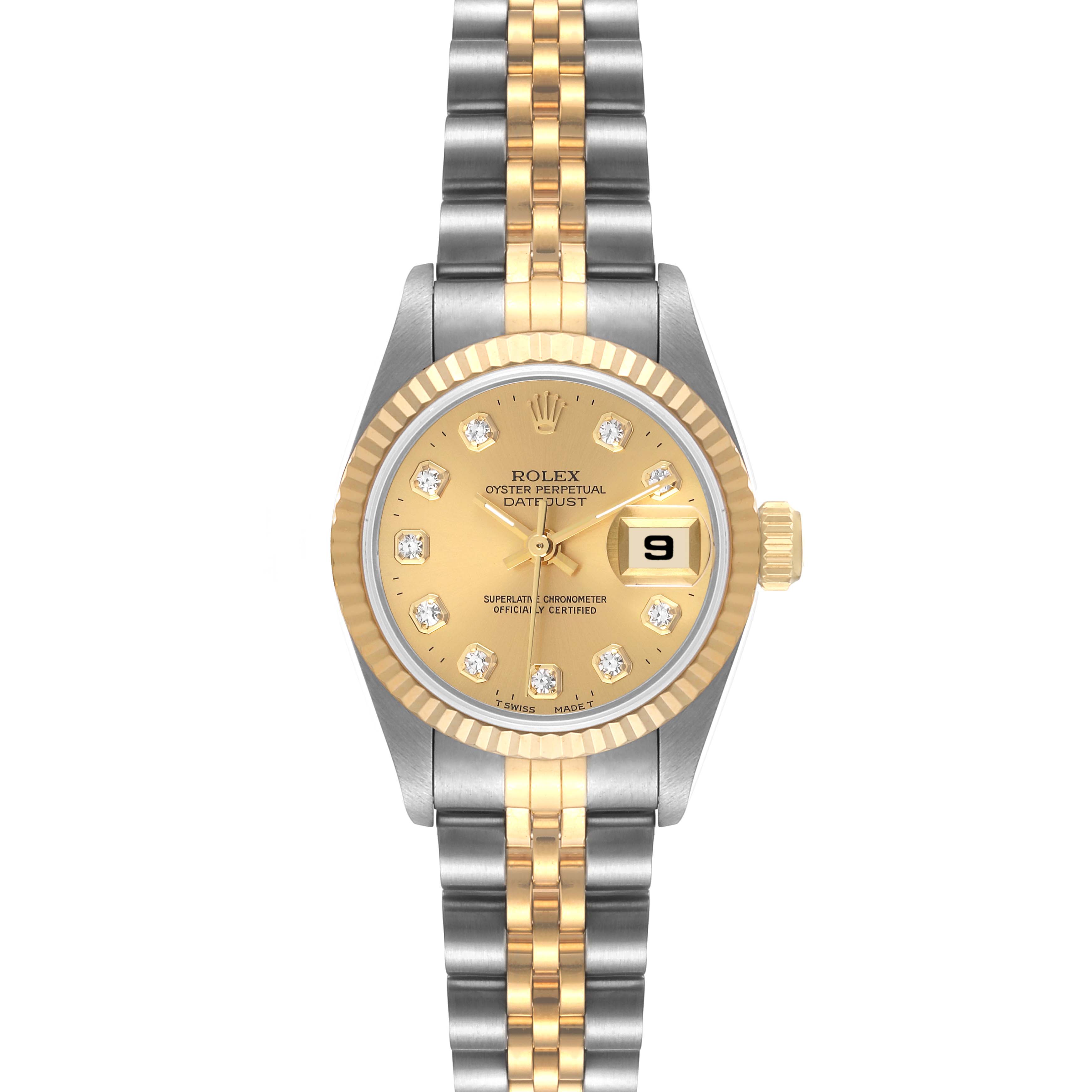 This image shows a frontal view of a Rolex Datejust 69173 Women's Steel and Gold (two tone) Champagne Dial 69173 Women's Steel and Gold (two tone) Champagne Dial watch, featuring a gold dial, diamond hour markers, and a two-tone bracelet.