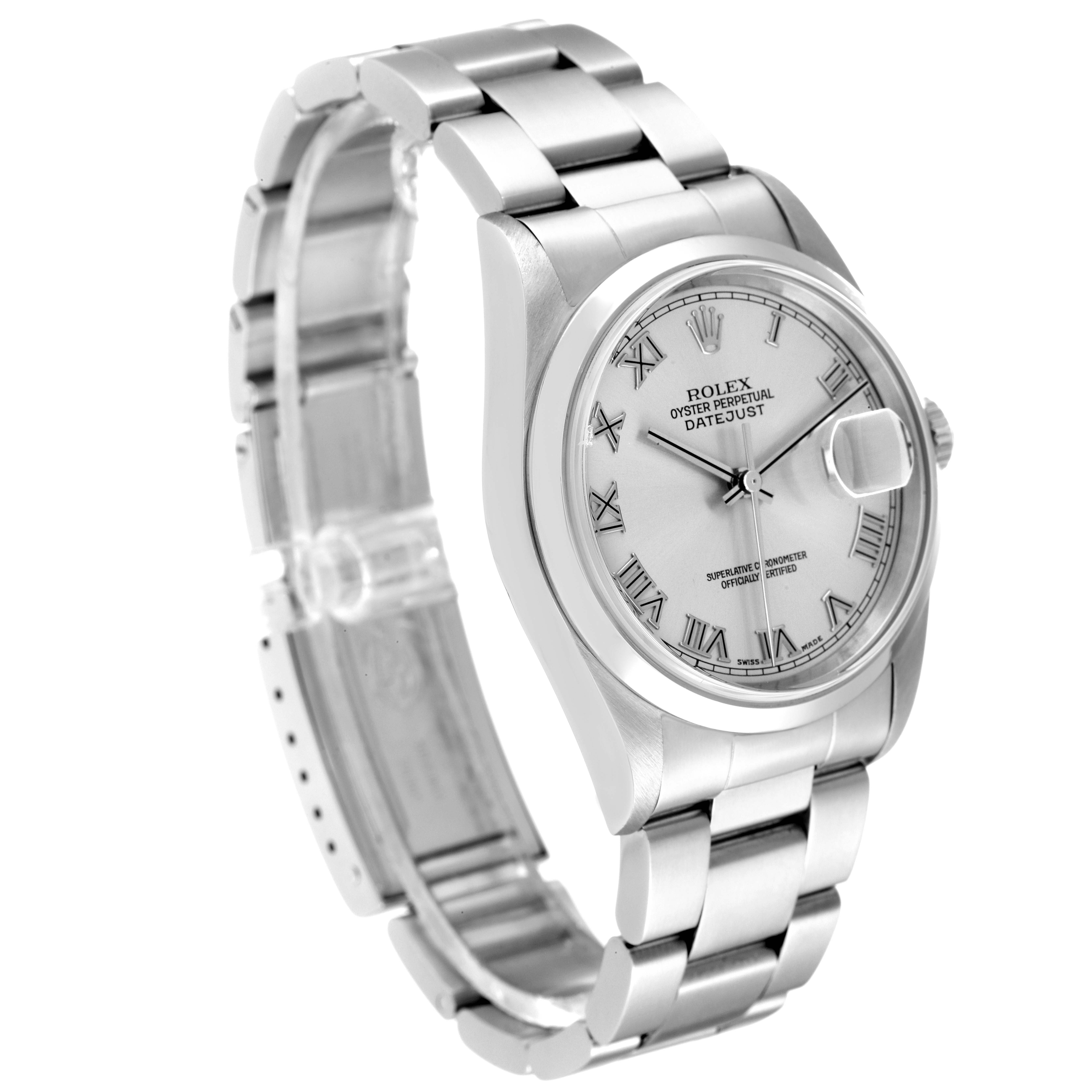 The Rolex Datejust 16200 Men's Stainless Steel Grey Dial 16200 Men's Stainless Steel Grey Dial watch is shown at an angled view highlighting its face, bracelet, and open clasp.