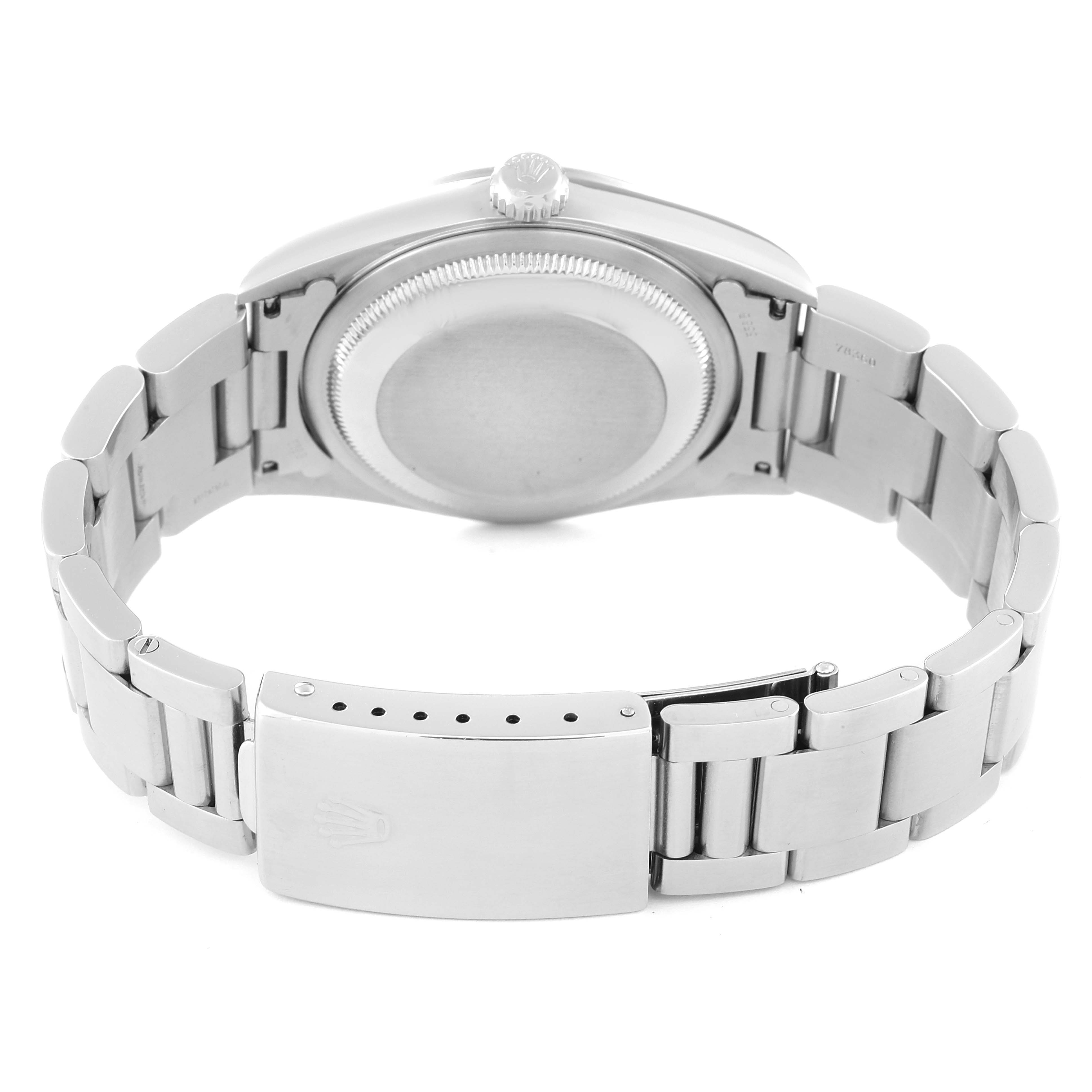 This is a rear view of a Rolex Datejust 16200 Men's Stainless Steel Grey Dial 16200 Men's Stainless Steel Grey Dial watch showing the case back, bracelet, and clasp.