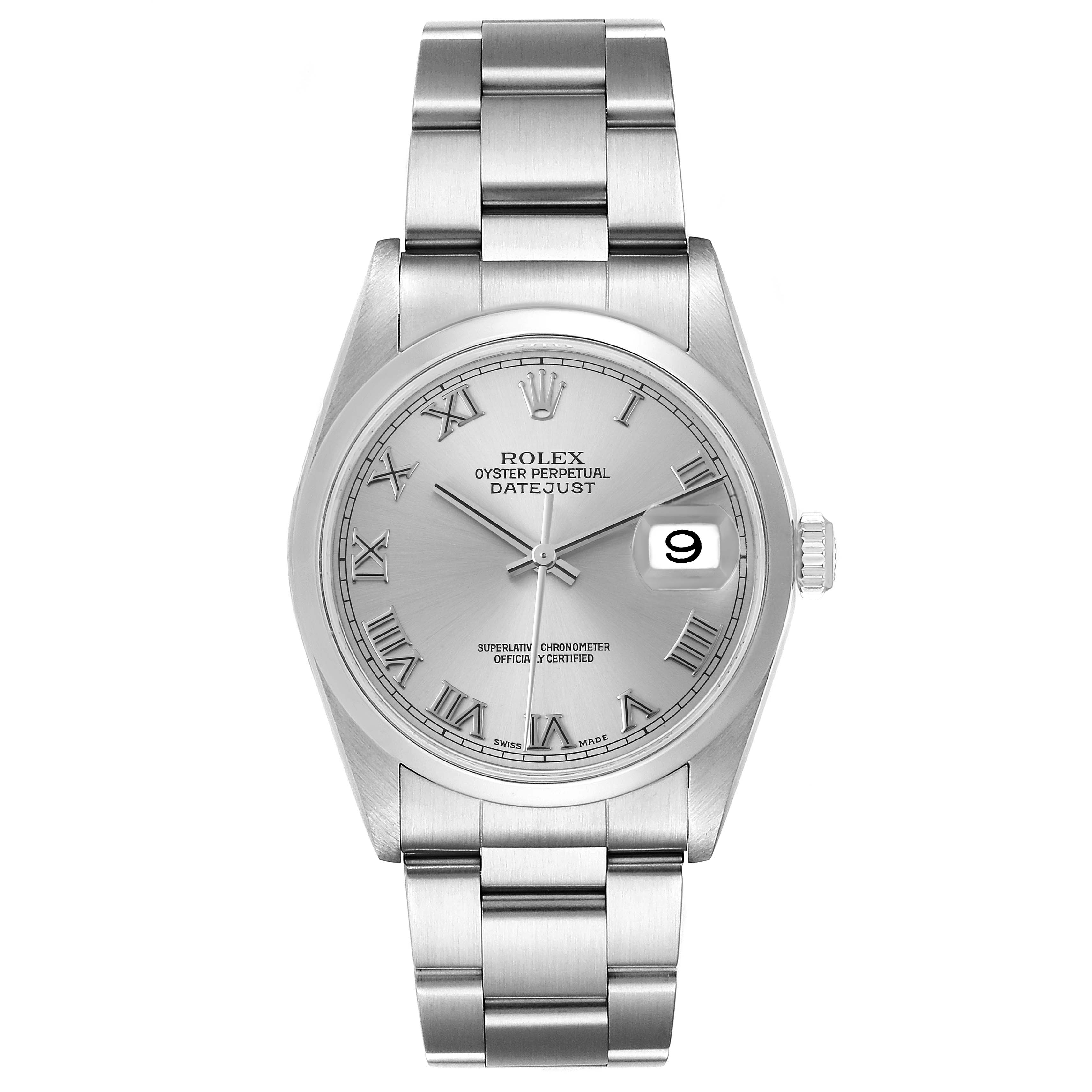 The image shows a front view of a Rolex Datejust 16200 Men's Stainless Steel Grey Dial 16200 Men's Stainless Steel Grey Dial watch with a silver dial and Roman numerals.