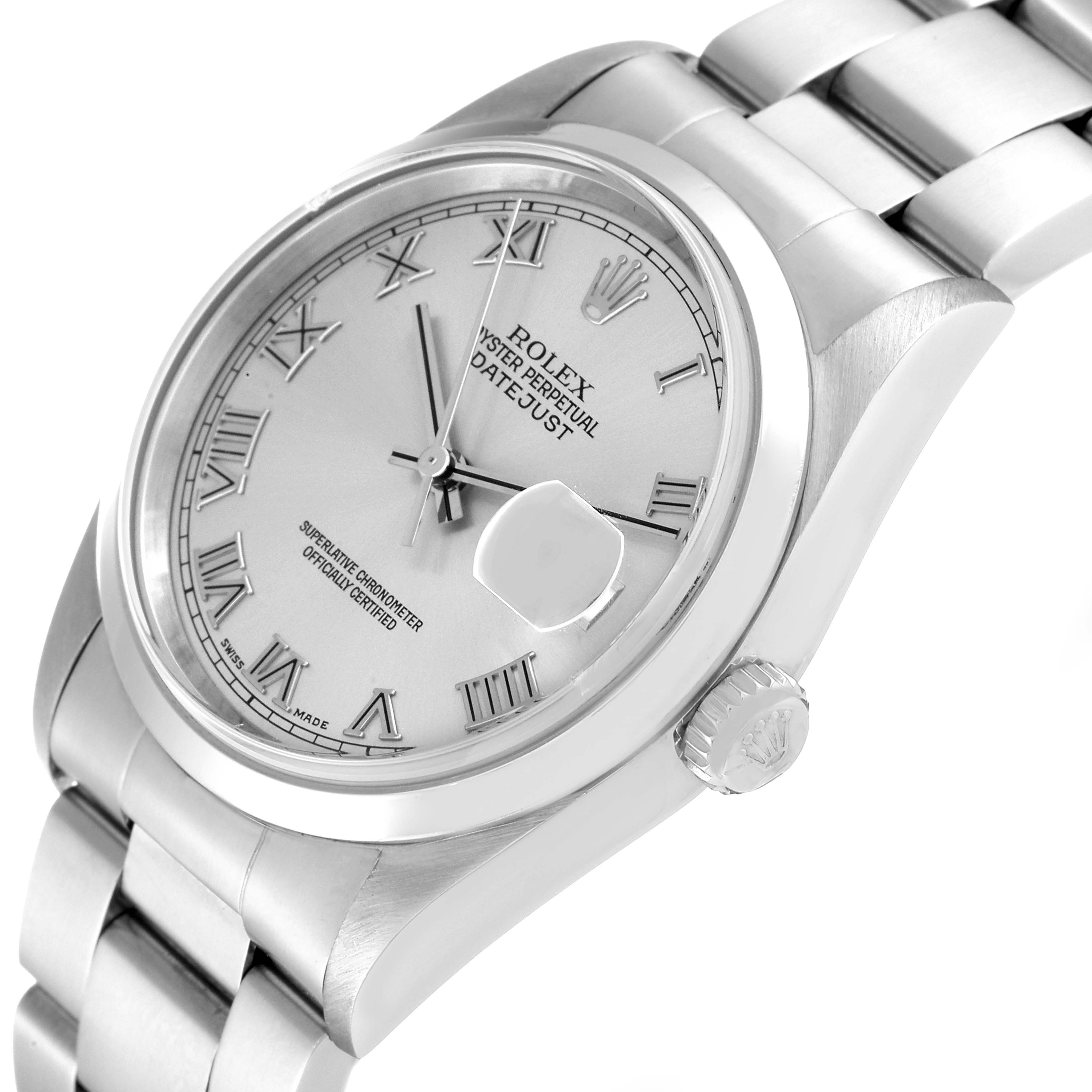This image shows a Rolex Datejust 16200 Men's Stainless Steel Grey Dial 16200 Men's Stainless Steel Grey Dial watch at an angled close-up, highlighting the dial, case, crown, and part of the bracelet.