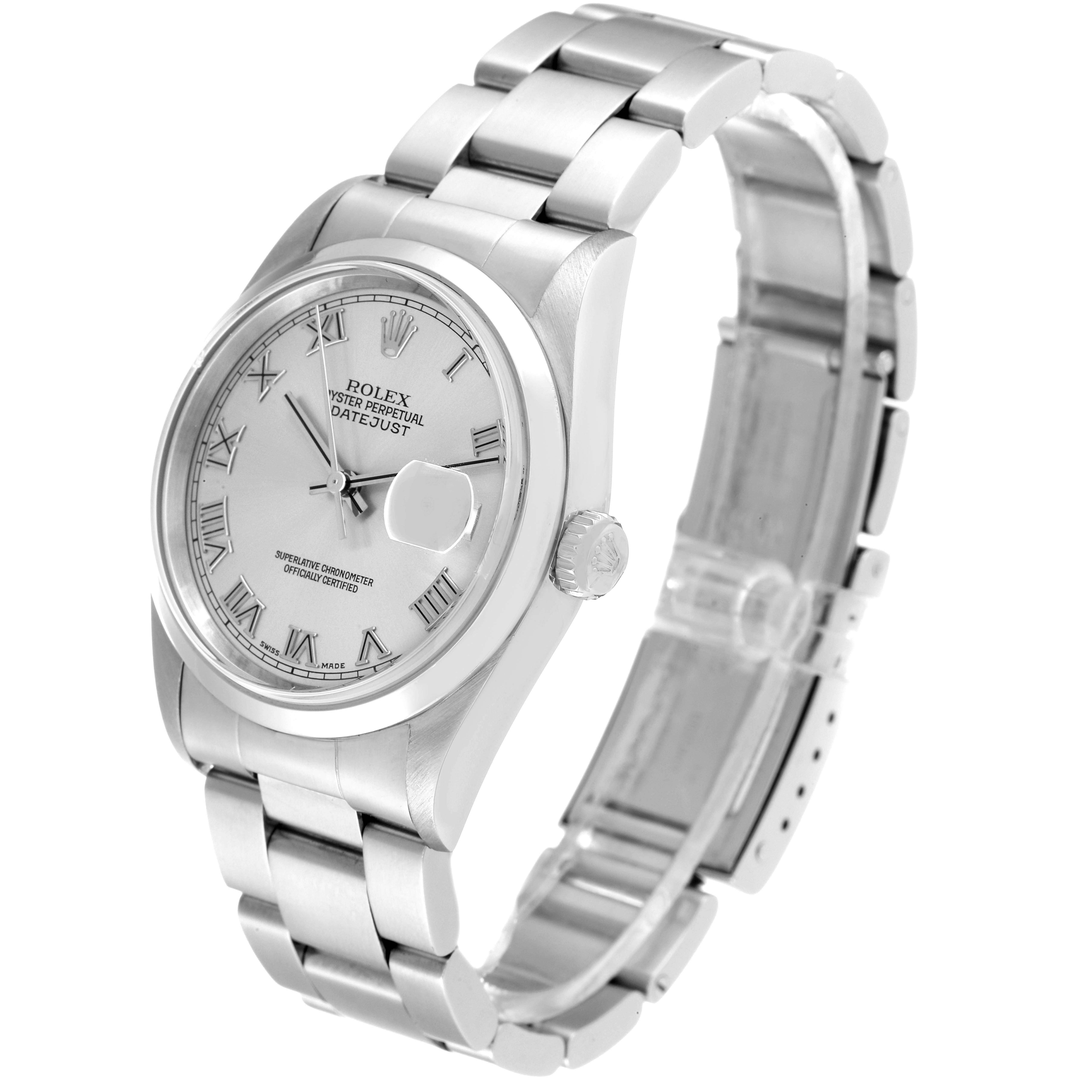 Side view of the Rolex Datejust 16200 Men's Stainless Steel Grey Dial 16200 Men's Stainless Steel Grey Dial watch, showing the face with Roman numerals and the metal bracelet.