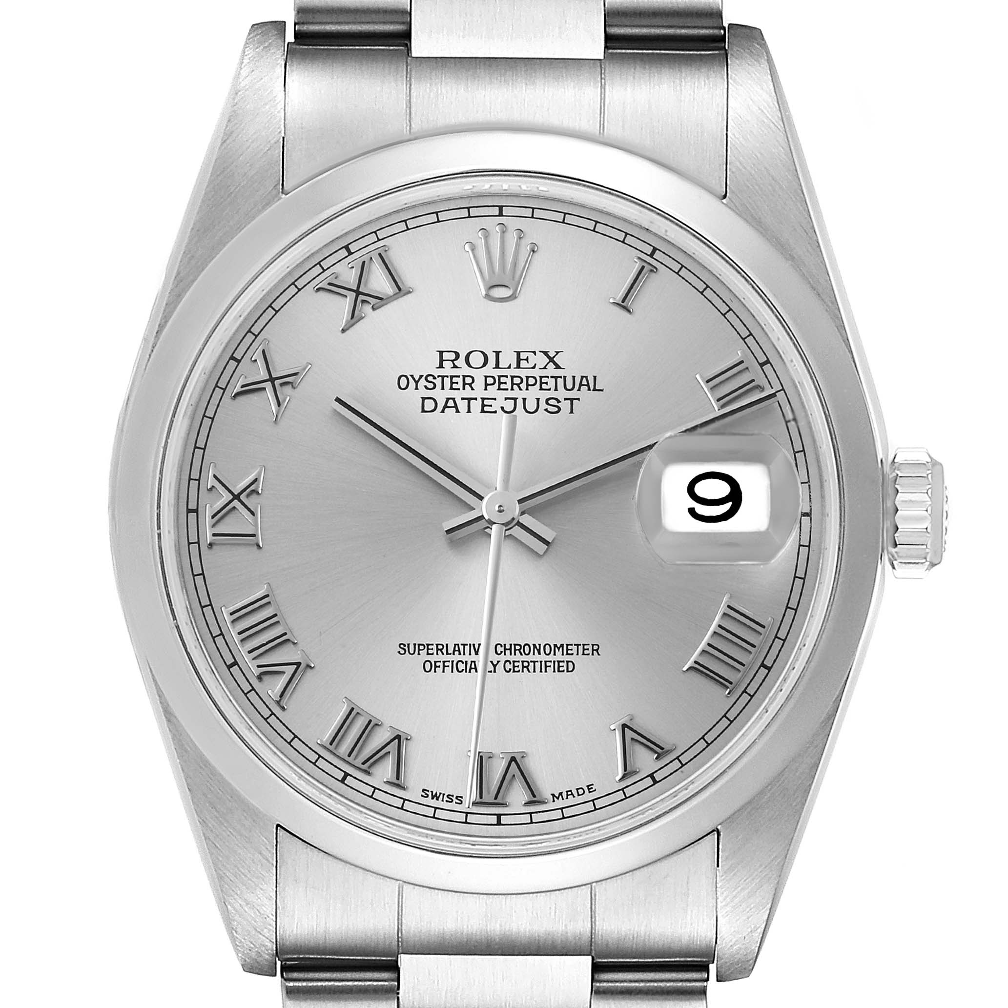 The image features a frontal view of the Rolex Datejust 16200 Men's Stainless Steel Grey Dial 16200 Men's Stainless Steel Grey Dial watch, showing its face, bracelet, and crown.