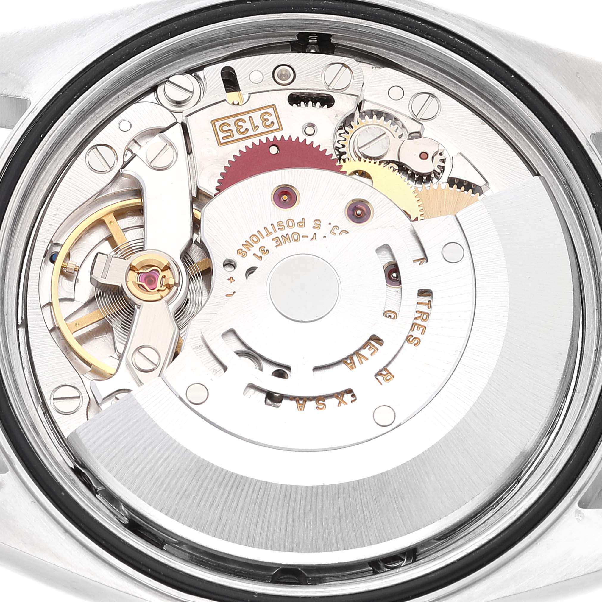 This image shows the intricate mechanical movement of a Rolex Datejust 16200 Men's Stainless Steel Grey Dial 16200 Men's Stainless Steel Grey Dial watch, viewed from the case back.