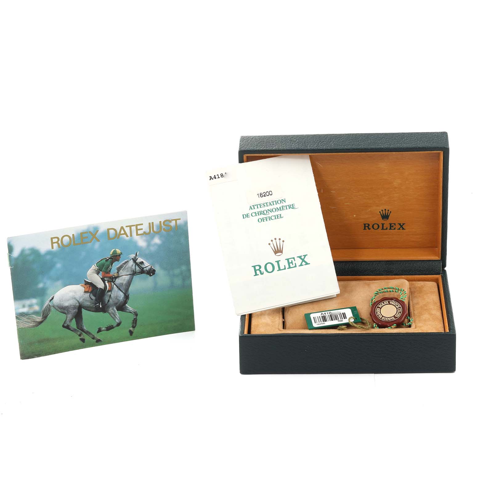 The image shows the packaging for a Rolex Datejust 16200 Men's Stainless Steel Grey Dial 16200 Men's Stainless Steel Grey Dial watch, including the box, certificates, and a booklet.