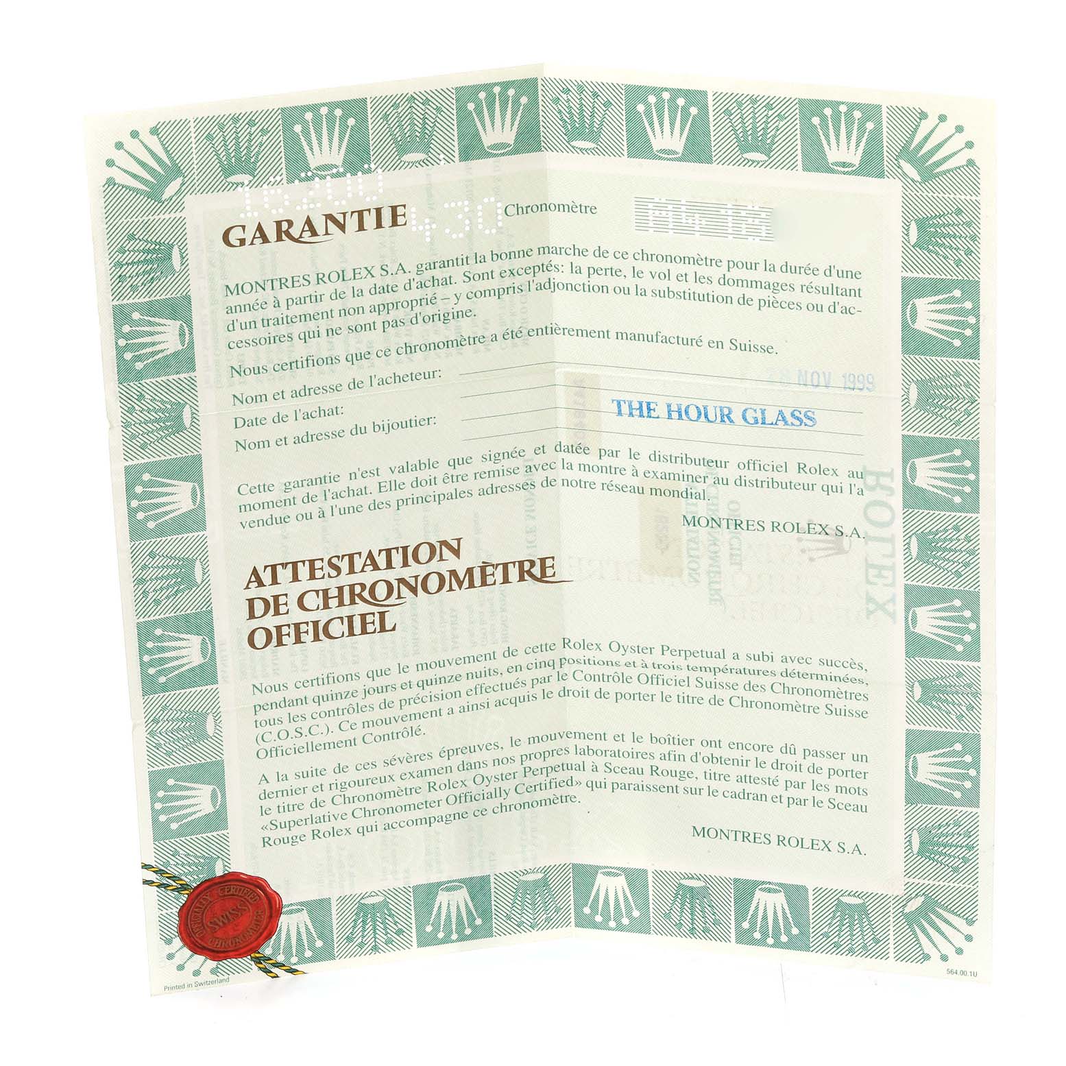 The image shows a warranty certificate for a Rolex Datejust 16200 Men's Stainless Steel Grey Dial 16200 Men's Stainless Steel Grey Dial watch, featuring the brand's logo and a red seal.