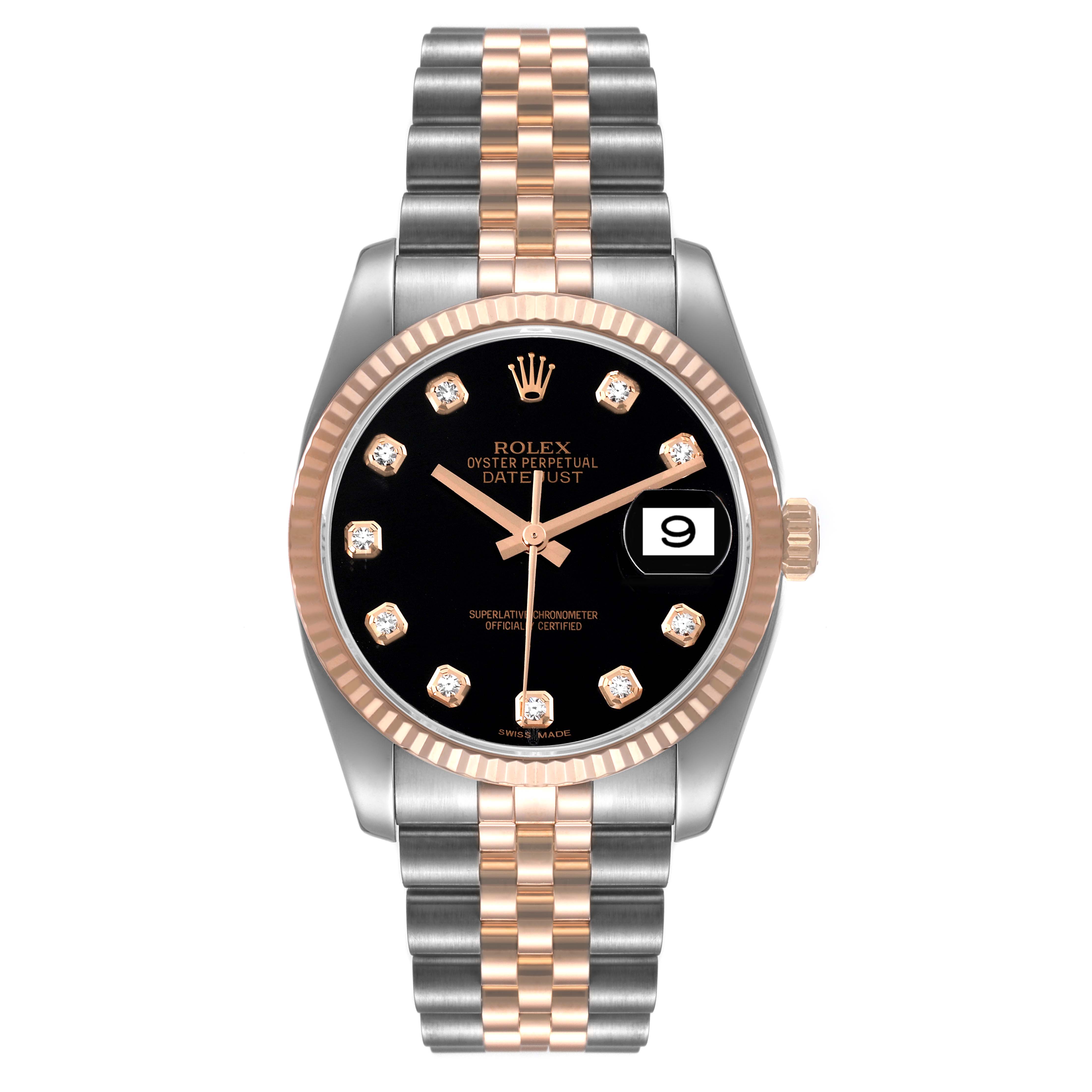 This Rolex Datejust 116231 Men's Steel and Gold (two tone) Black Dial 116231 Men's Steel and Gold (two tone) Black Dial watch is shown from a front angle, highlighting its black dial, fluted bezel, and Jubilee bracelet.