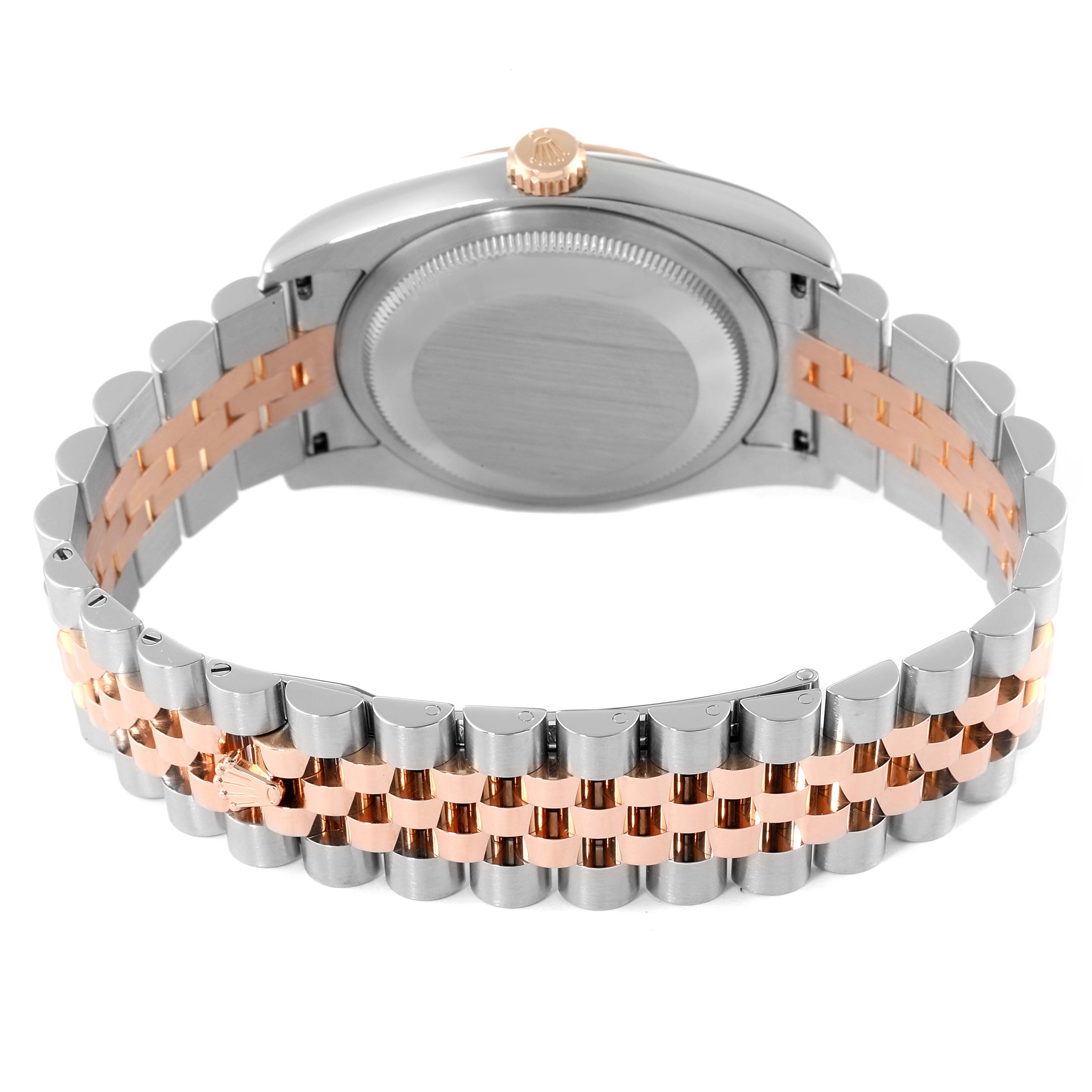 This image shows the back view of the case and the two-tone bracelet of a Rolex Datejust 116231 Men's Steel and Gold (two tone) Black Dial 116231 Men's Steel and Gold (two tone) Black Dial watch.