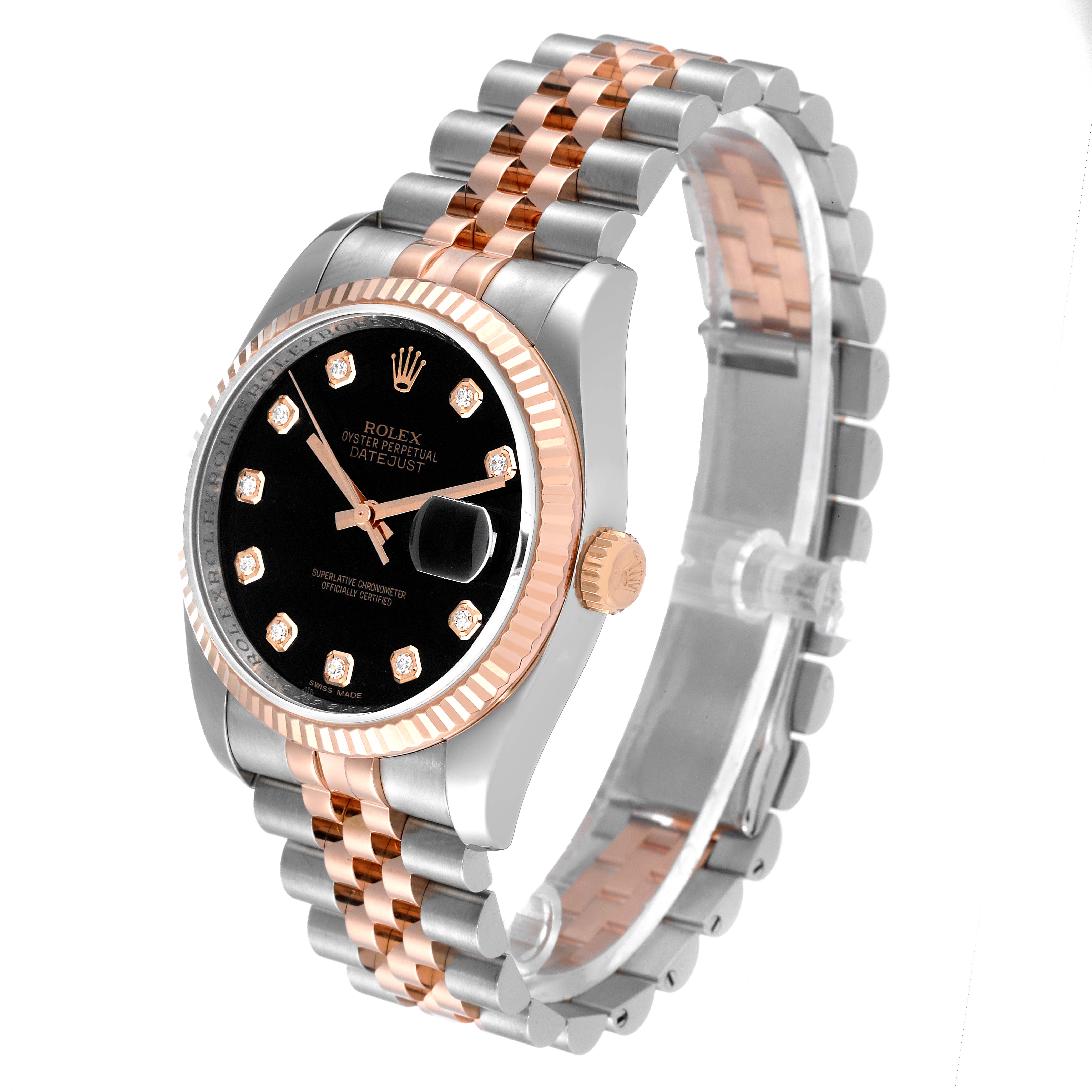The image shows a Rolex Datejust 116231 Men's Steel and Gold (two tone) Black Dial 116231 Men's Steel and Gold (two tone) Black Dial watch at a slight angle, highlighting its two-tone bracelet, black dial, and diamond hour markers.
