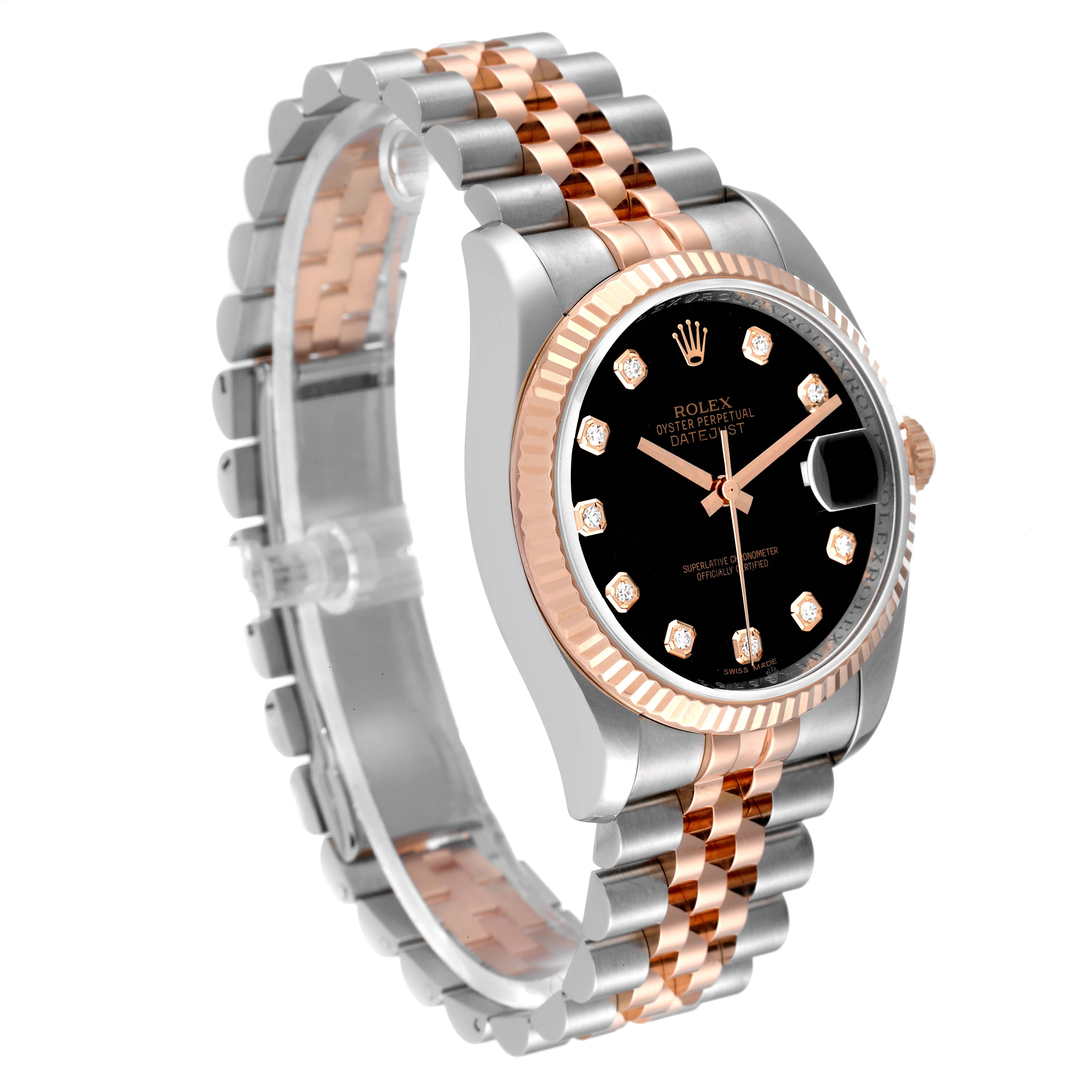 The Rolex Datejust 116231 Men's Steel and Gold (two tone) Black Dial 116231 Men's Steel and Gold (two tone) Black Dial watch is shown at an angled view, highlighting its black dial, rose gold bezel, and two-tone bracelet.