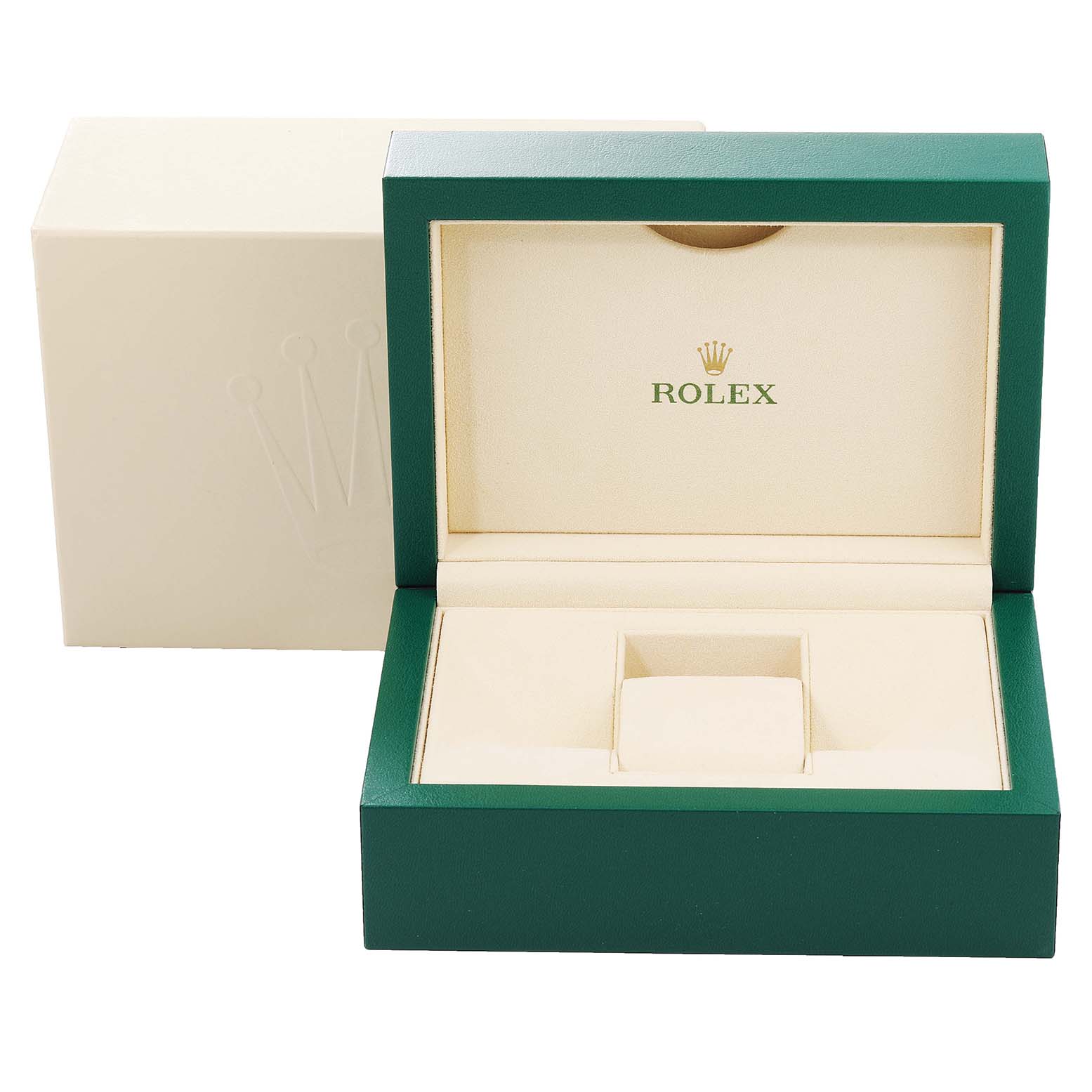 The image shows an open Rolex Datejust 116231 Men's Steel and Gold (two tone) Black Dial 116231 Men's Steel and Gold (two tone) Black Dial watch box with a cream interior and green exterior, viewed from the front.