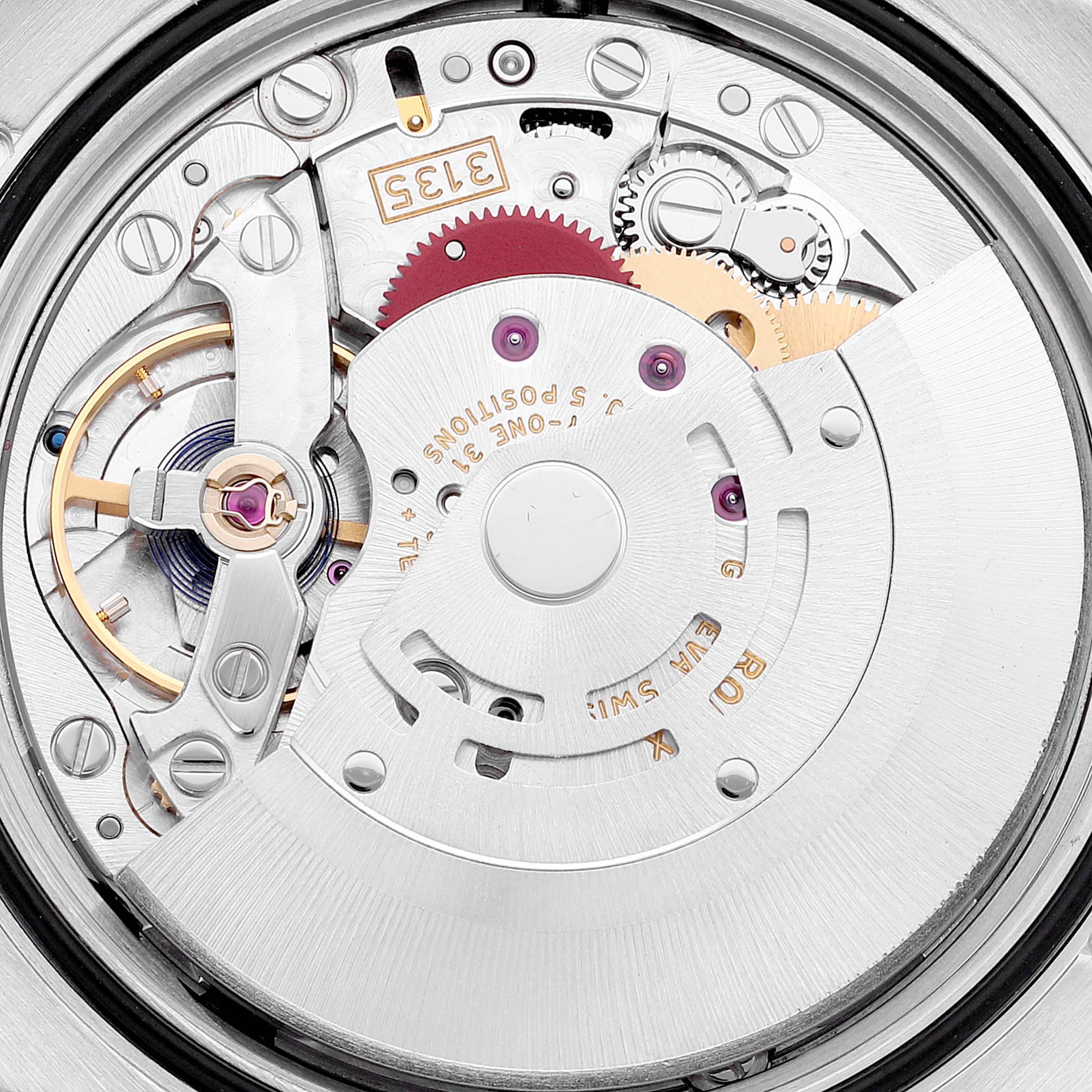 The image shows the movement mechanism of a Rolex Datejust 116231 Men's Steel and Gold (two tone) Black Dial 116231 Men's Steel and Gold (two tone) Black Dial watch from a top-down angle.