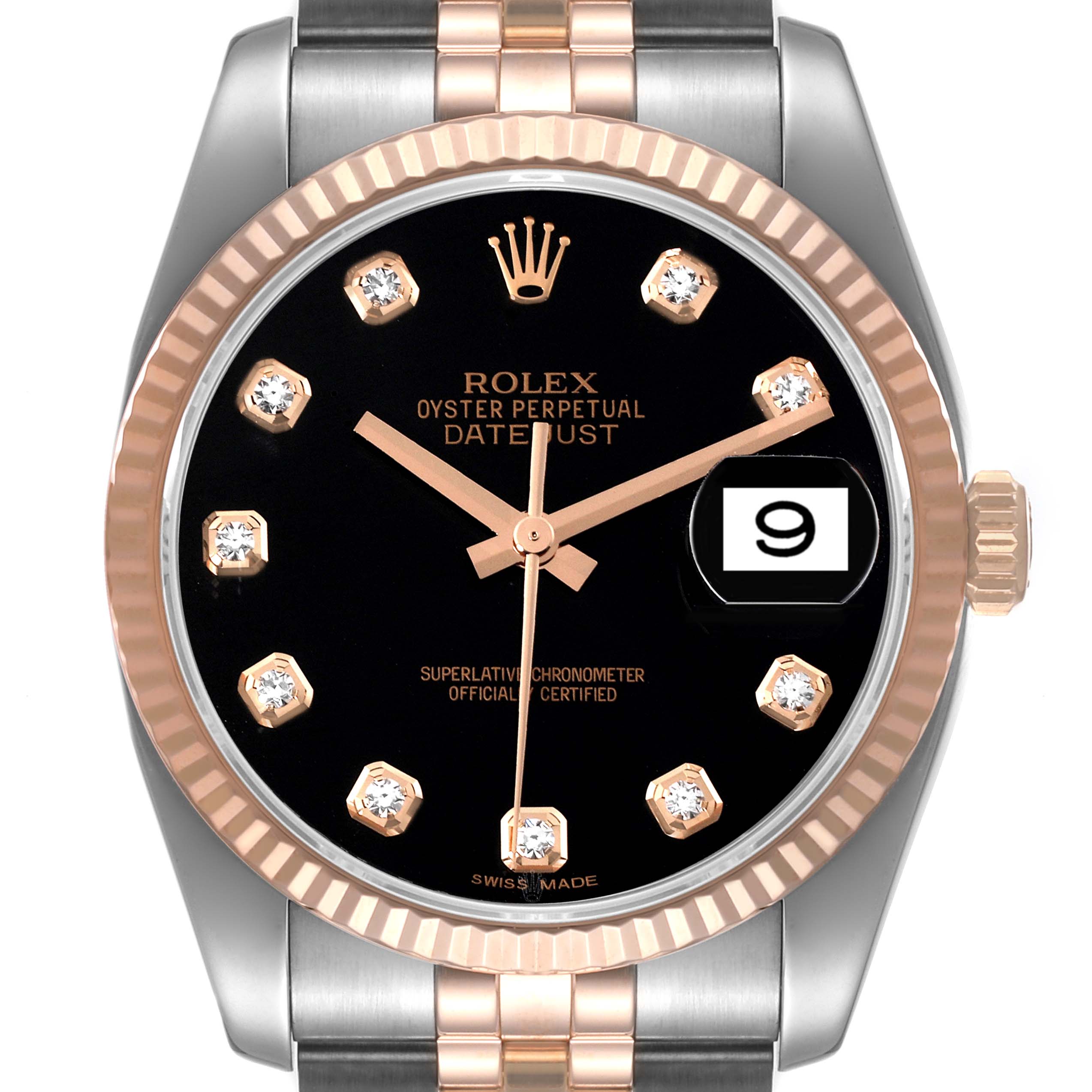 This Datejust model by Rolex is shown from a front angle, highlighting the dial, bezel, and partial bracelet.