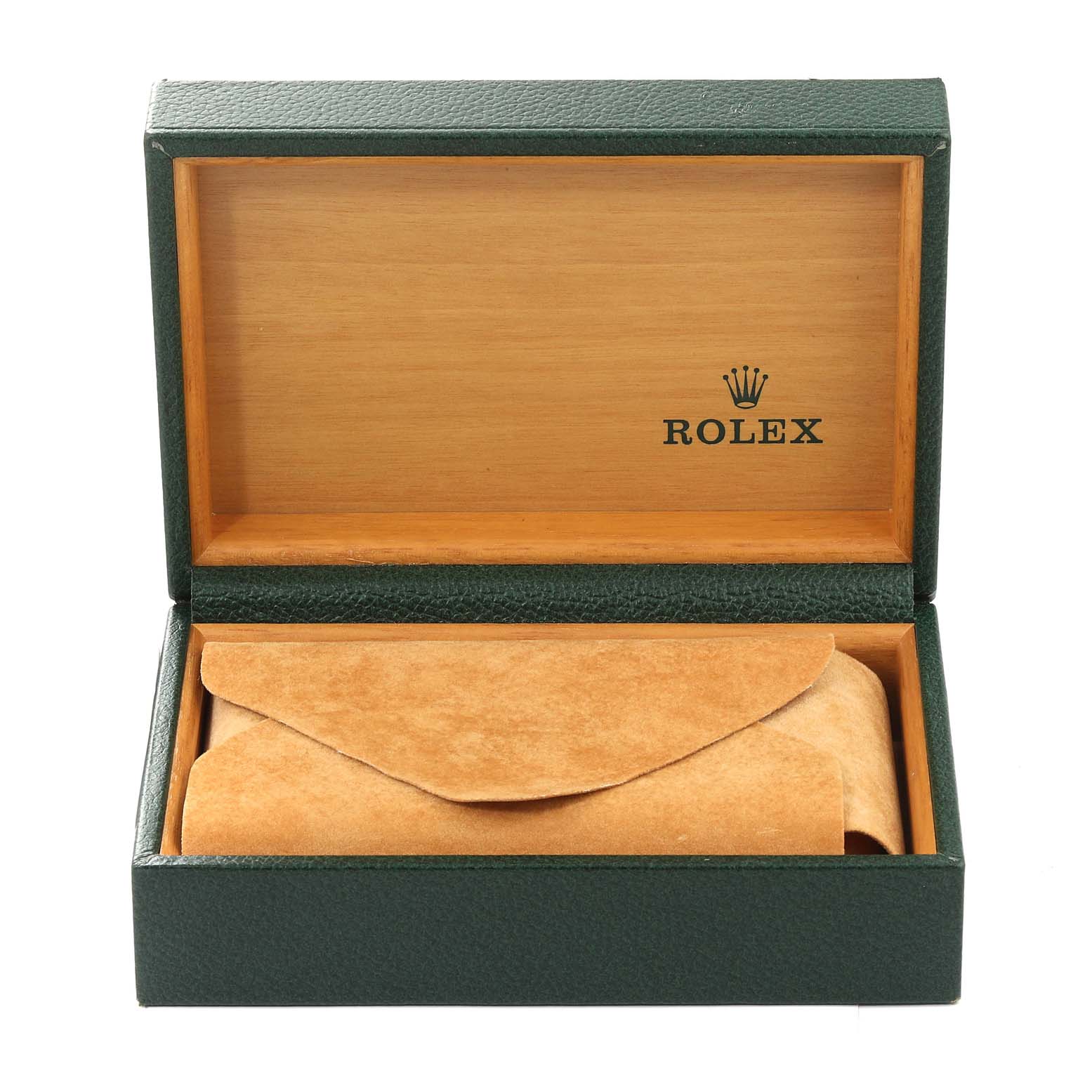 The image shows an open Rolex box with a leather pouch inside for a Datejust model watch.