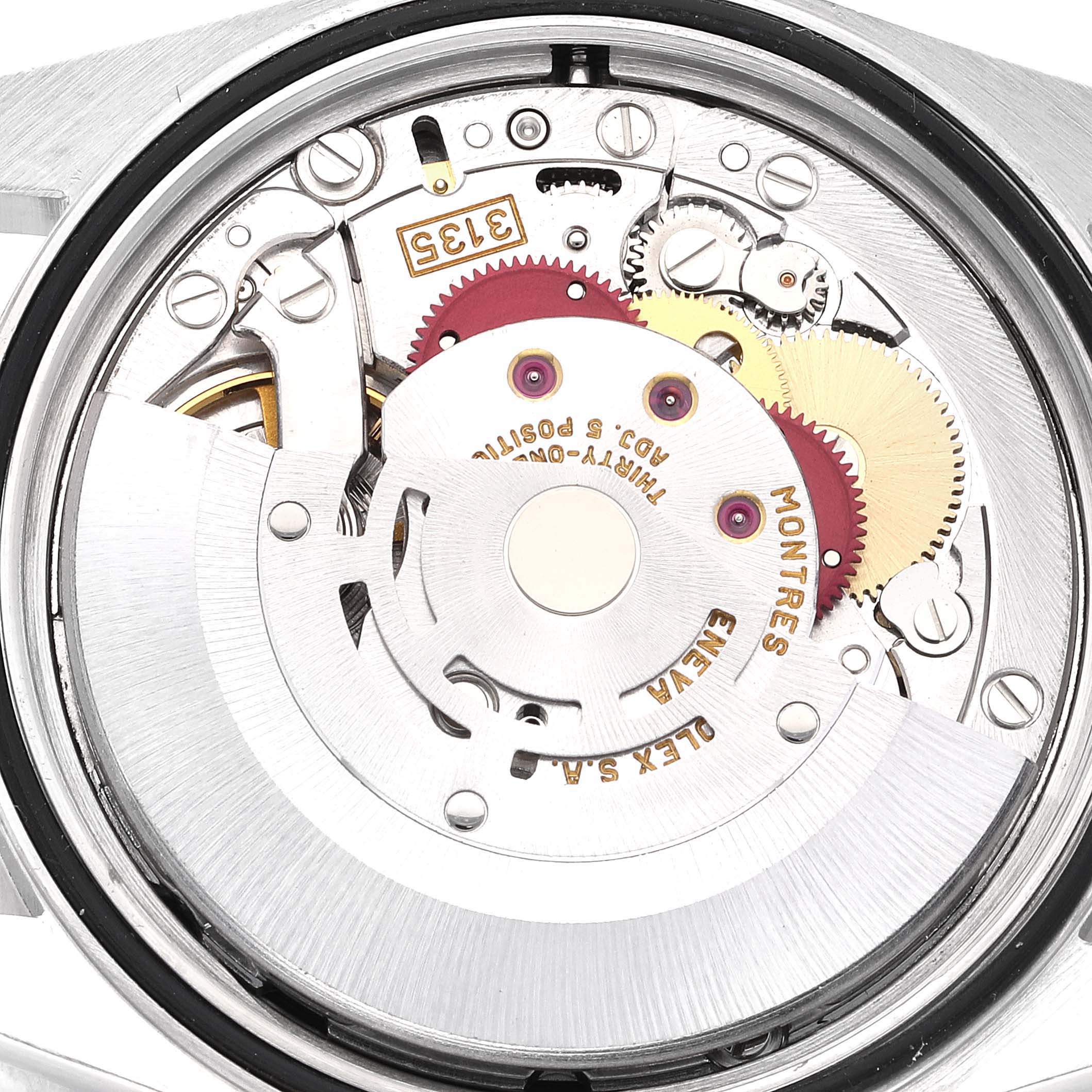 The image shows the internal mechanism and movement of the Rolex Datejust 16234 Men's Stainless Steel Black Dial 16234 Men's Stainless Steel Black Dial watch from a top-down angle.