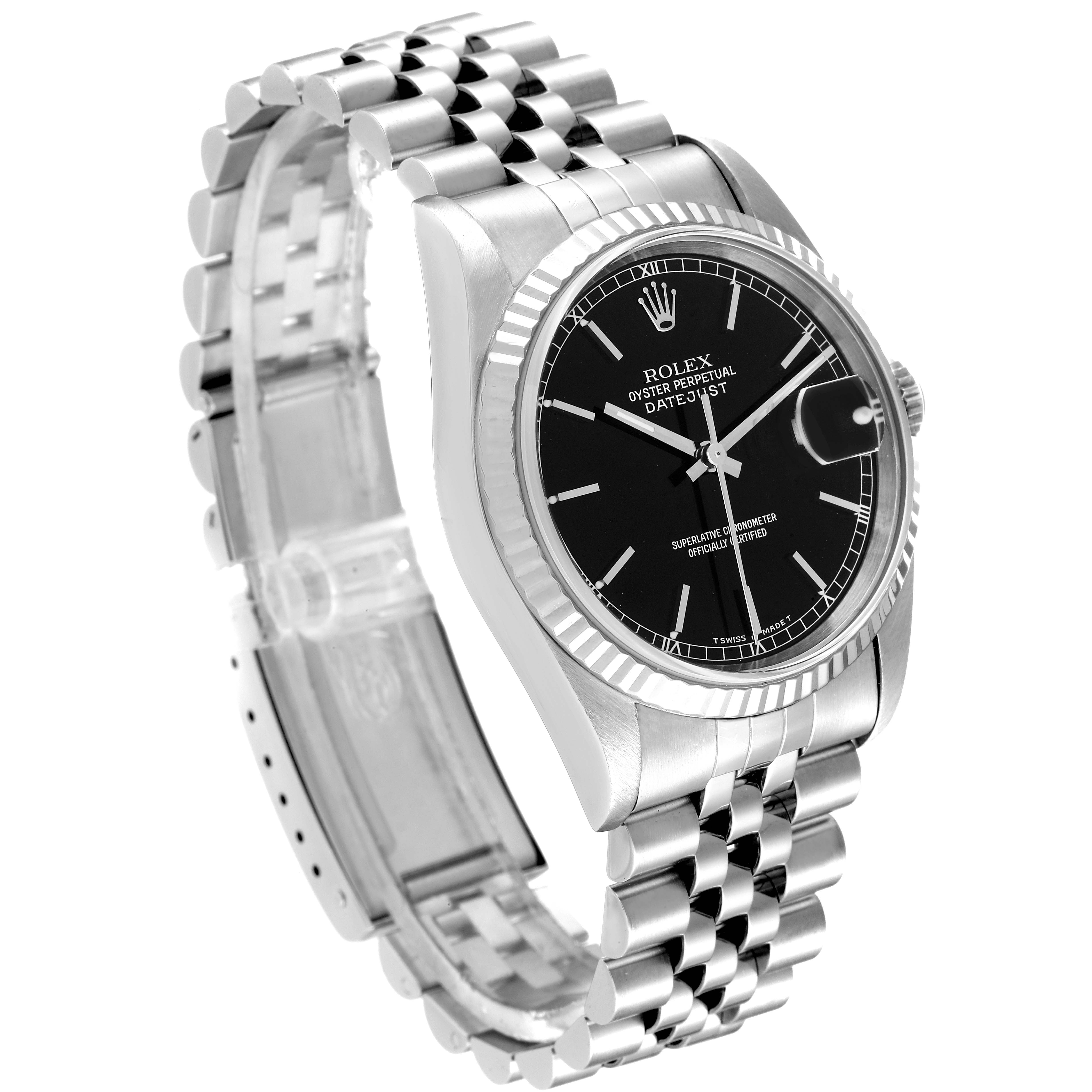 This image shows a side angle of the Rolex Datejust 16234 Men's Stainless Steel Black Dial 16234 Men's Stainless Steel Black Dial watch, highlighting the black dial, fluted bezel, and jubilee bracelet.