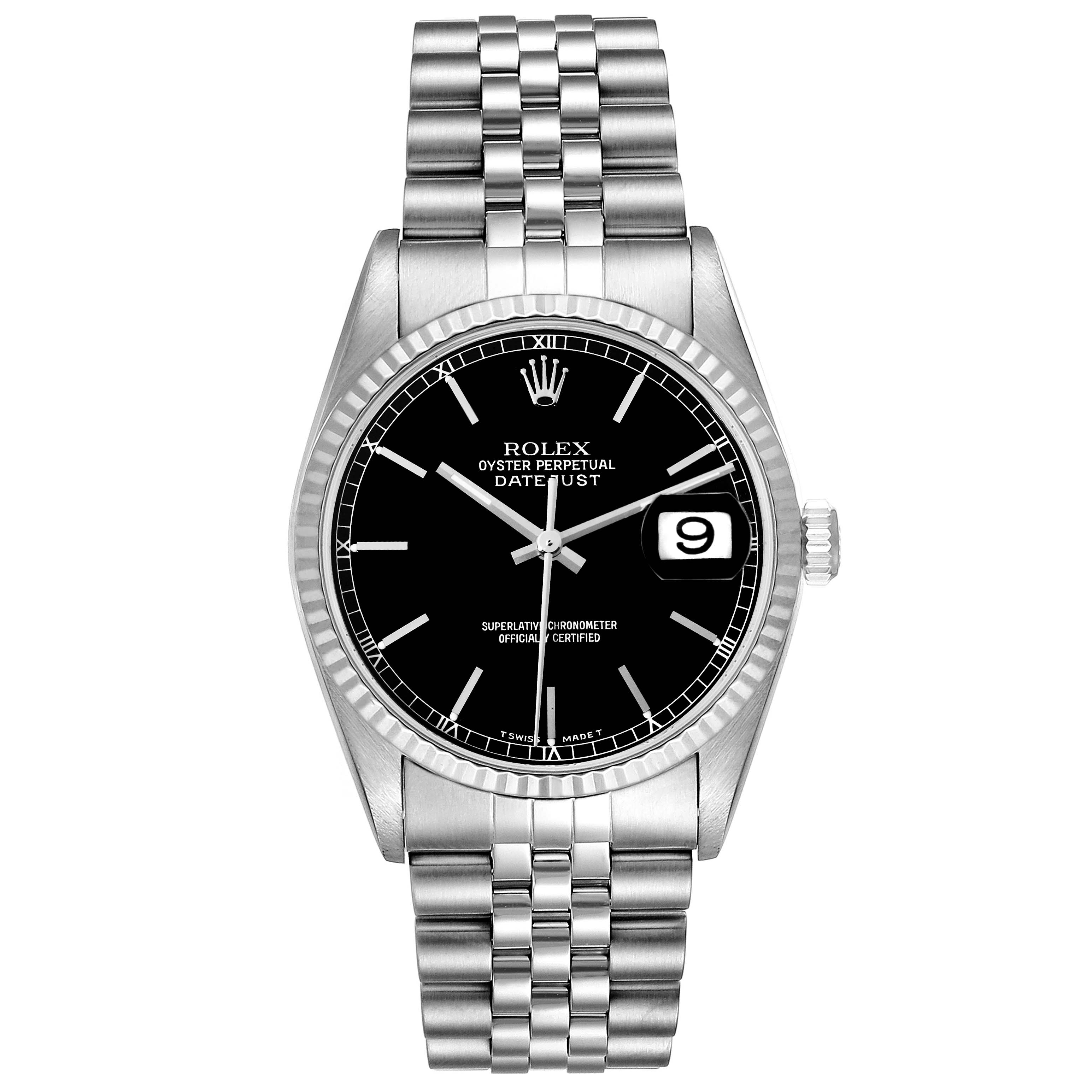 The image shows a front view of a Rolex Datejust 16234 Men's Stainless Steel Black Dial 16234 Men's Stainless Steel Black Dial watch, highlighting its black dial, date window, and Jubilee bracelet.