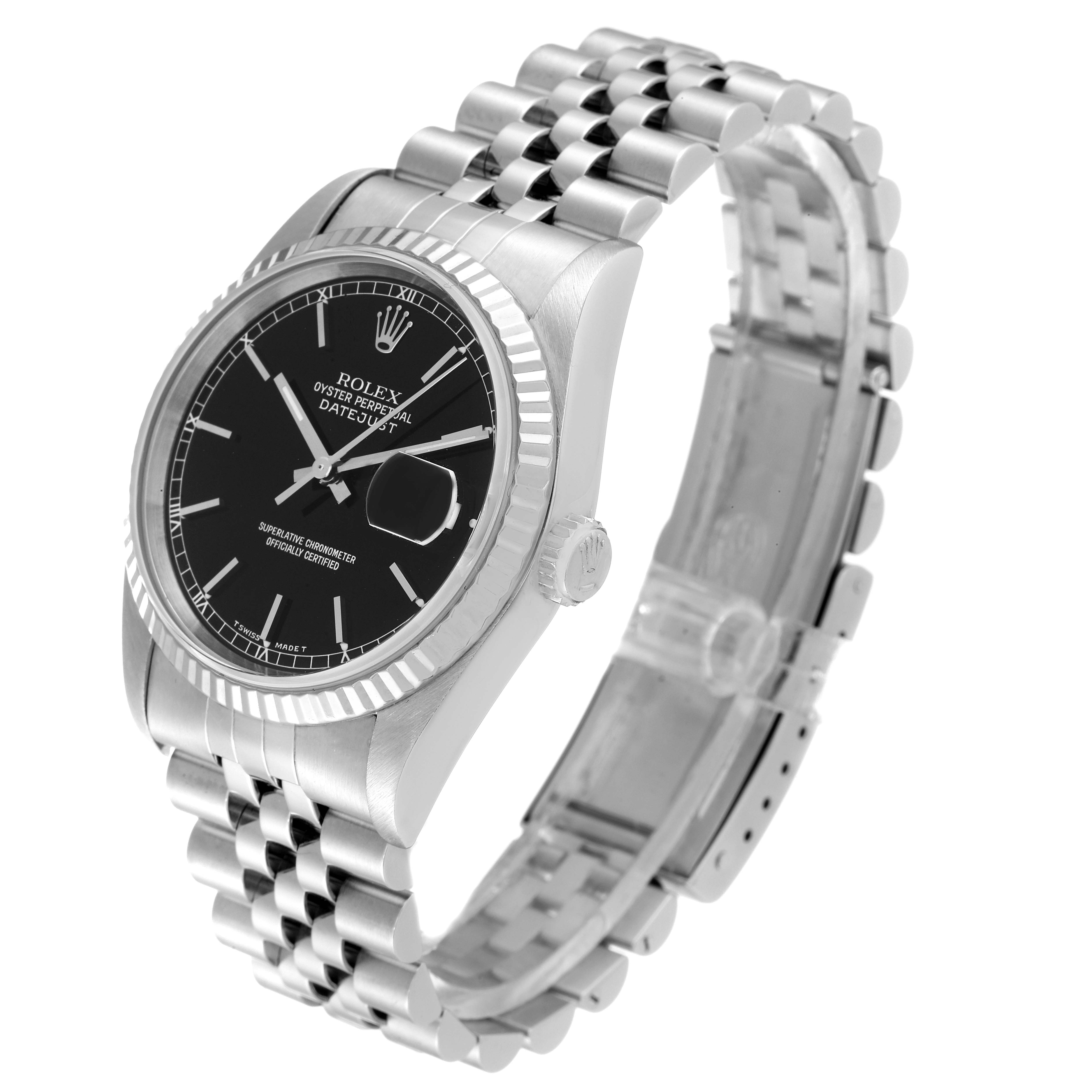 The image shows a Rolex Datejust 16234 Men's Stainless Steel Black Dial 16234 Men's Stainless Steel Black Dial watch from an angled side view, highlighting the dial, fluted bezel, and Jubilee bracelet.