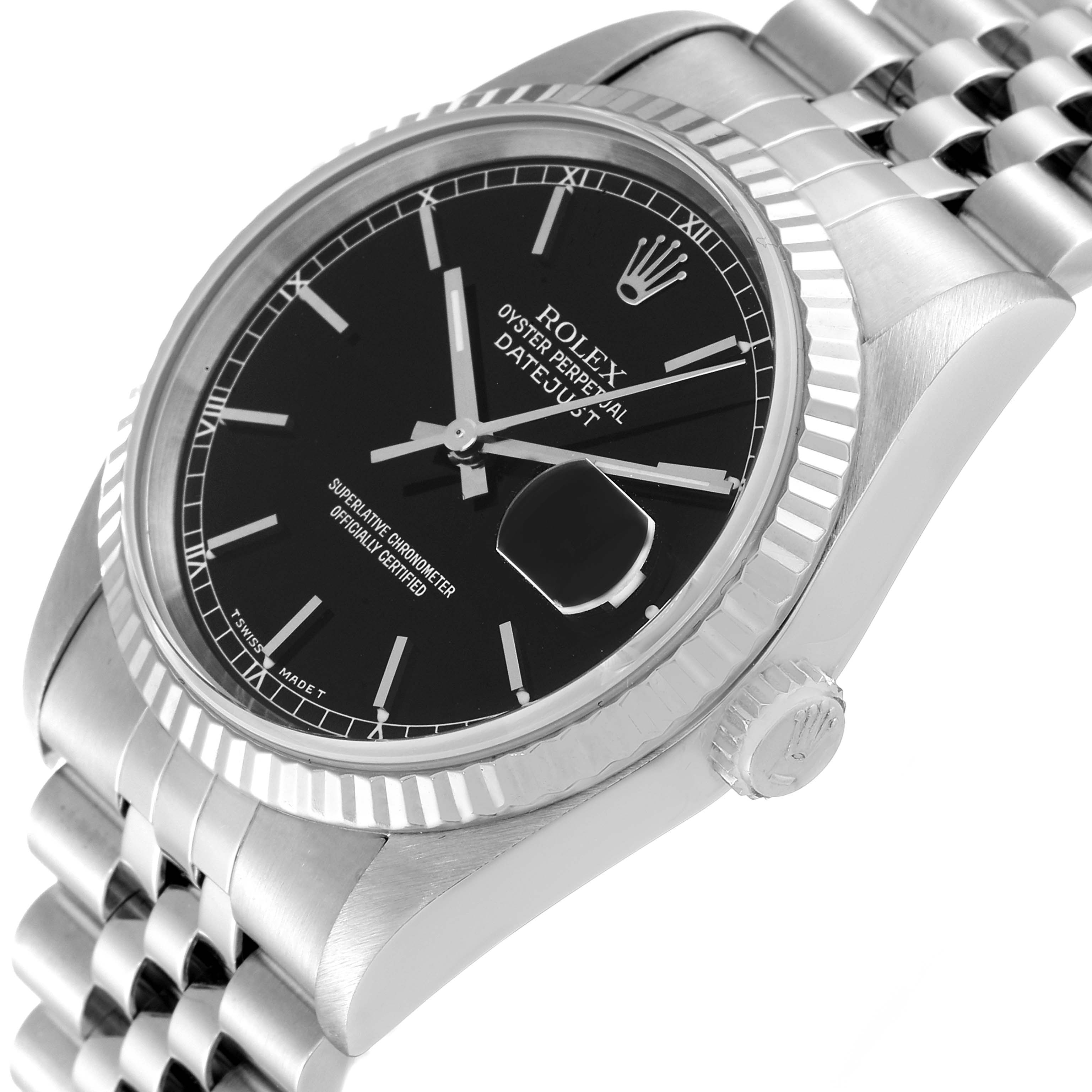 This image shows a Rolex Datejust 16234 Men's Stainless Steel Black Dial 16234 Men's Stainless Steel Black Dial watch from an angled perspective, displaying the face, bezel, and part of the bracelet.