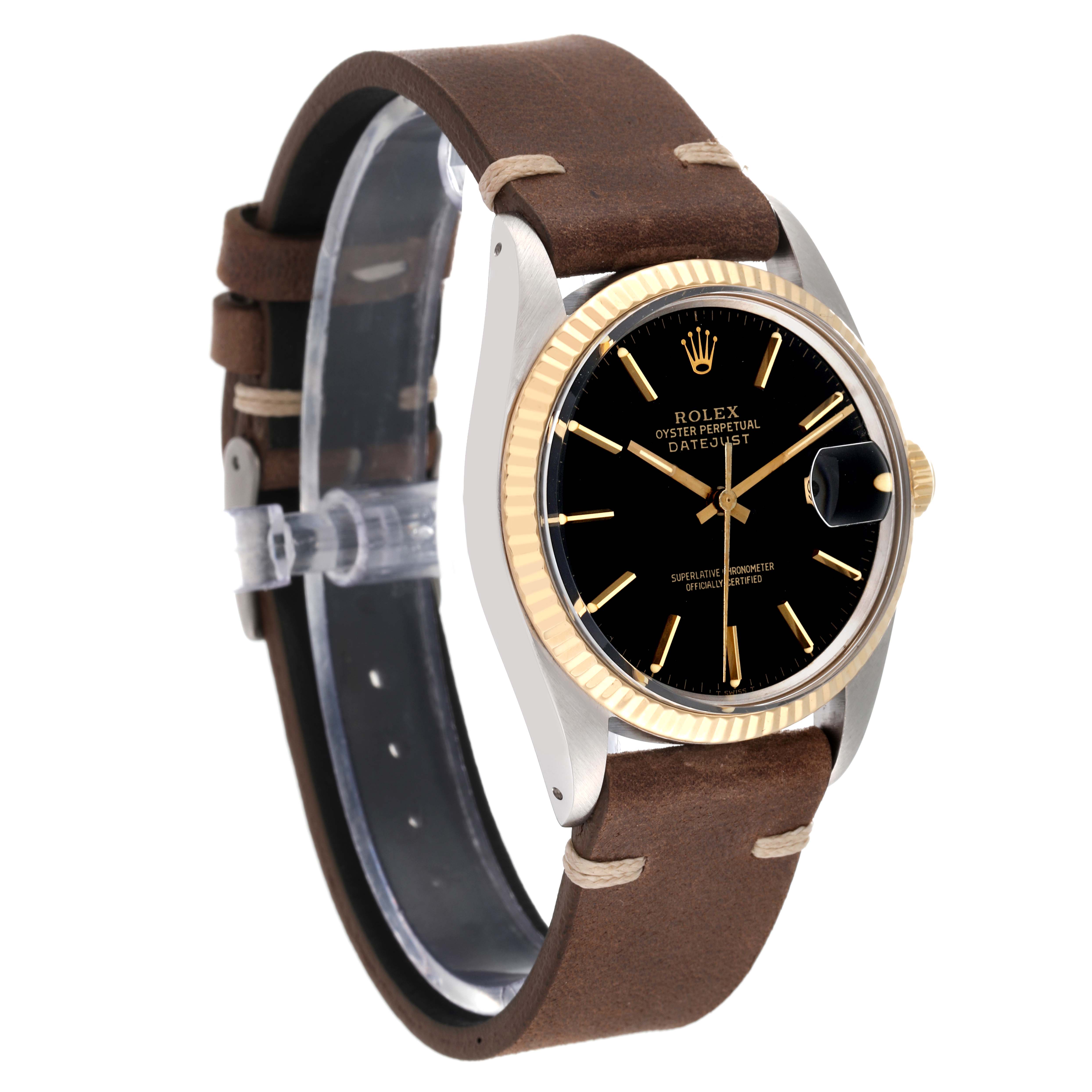 The Rolex Vintage Collection 16013 Men's Steel and Gold (two tone) Black Dial 16013 Men's Steel and Gold (two tone) Black Dial watch is shown at an angle highlighting the dial, bezel, case, and leather strap.