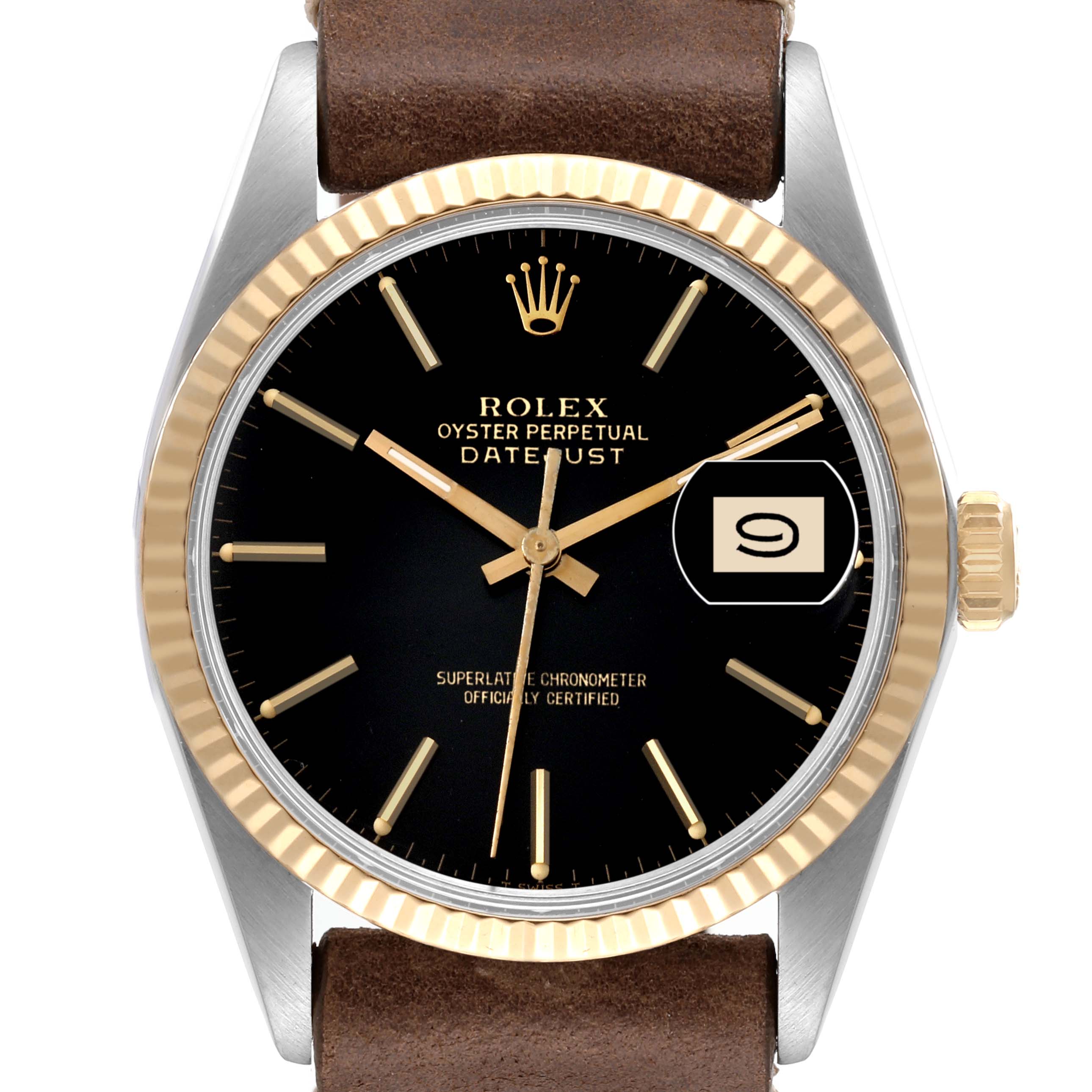 The image shows a front view of a Rolex Vintage Collection 16013 Men's Steel and Gold (two tone) Black Dial 16013 Men's Steel and Gold (two tone) Black Dial Datejust watch, featuring a black dial, gold markers, and a leather strap.