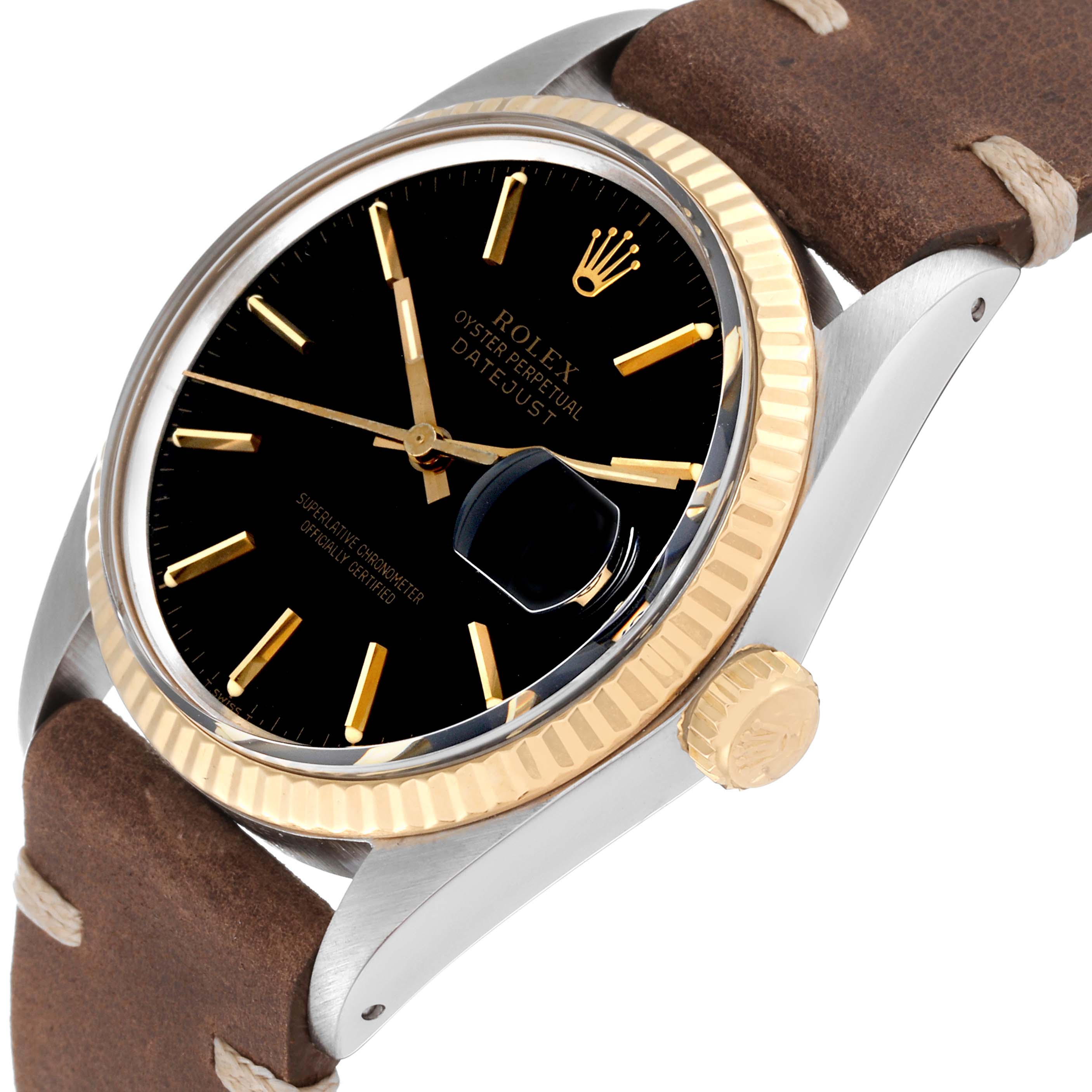 This image shows a close-up angle of the Rolex Vintage Collection 16013 Men's Steel and Gold (two tone) Black Dial 16013 Men's Steel and Gold (two tone) Black Dial Datejust watch, highlighting its dial, bezel, and crown.